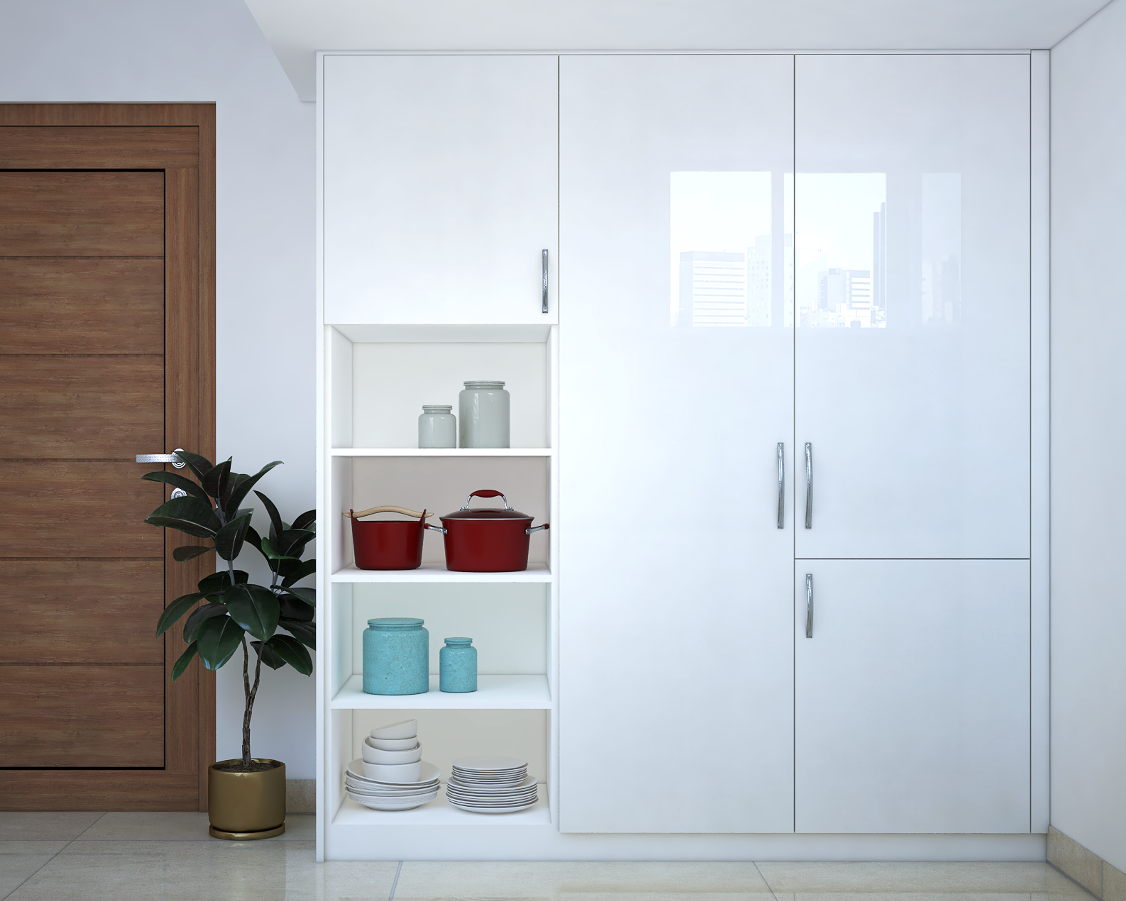 Glossy White Compact Wardrobe Design With Minimal Decor
