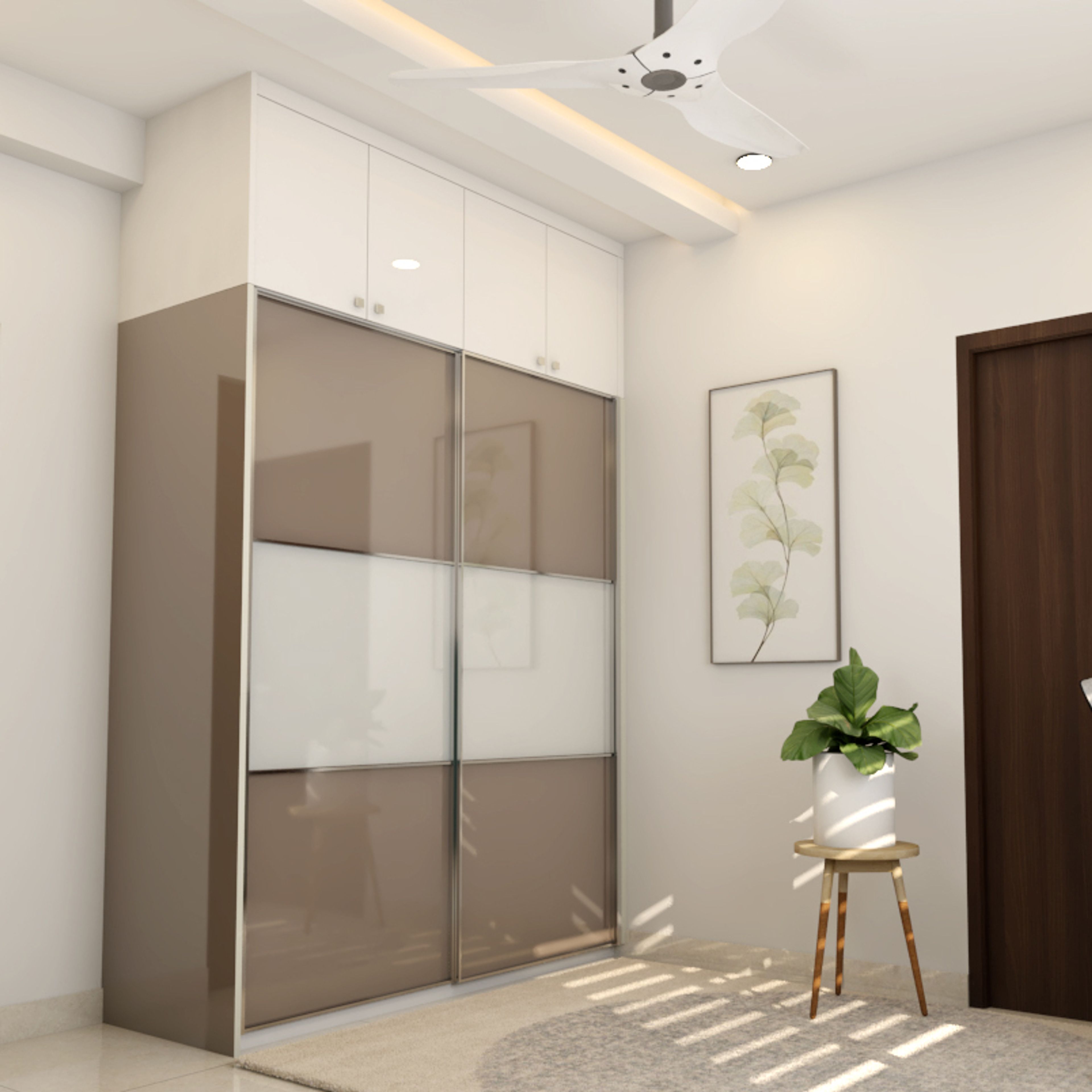 Modern Compact Beige And White Wardrobe Design With Sliding Doors