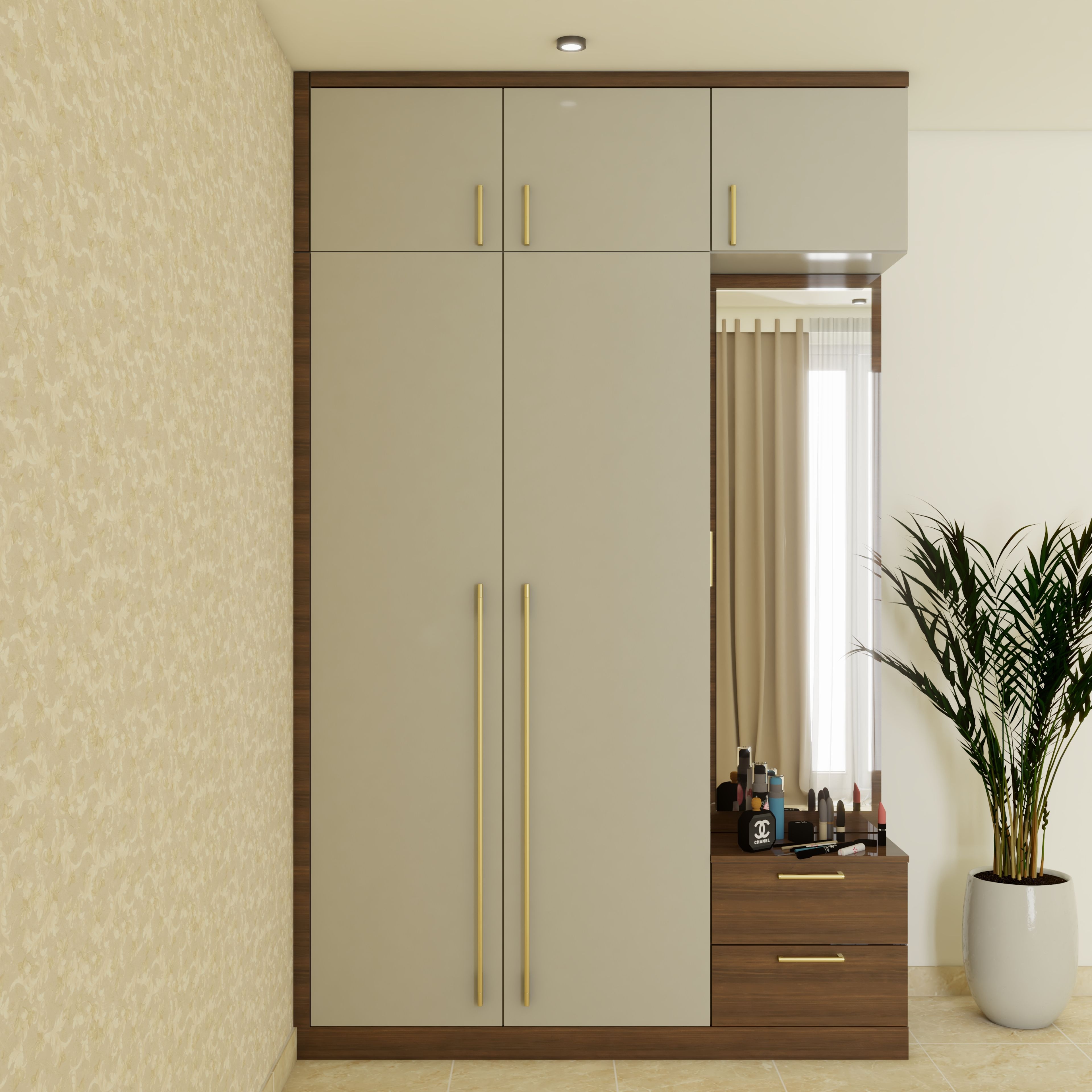 Elegant Wardrobe Design in Grey and Wooden Laminates