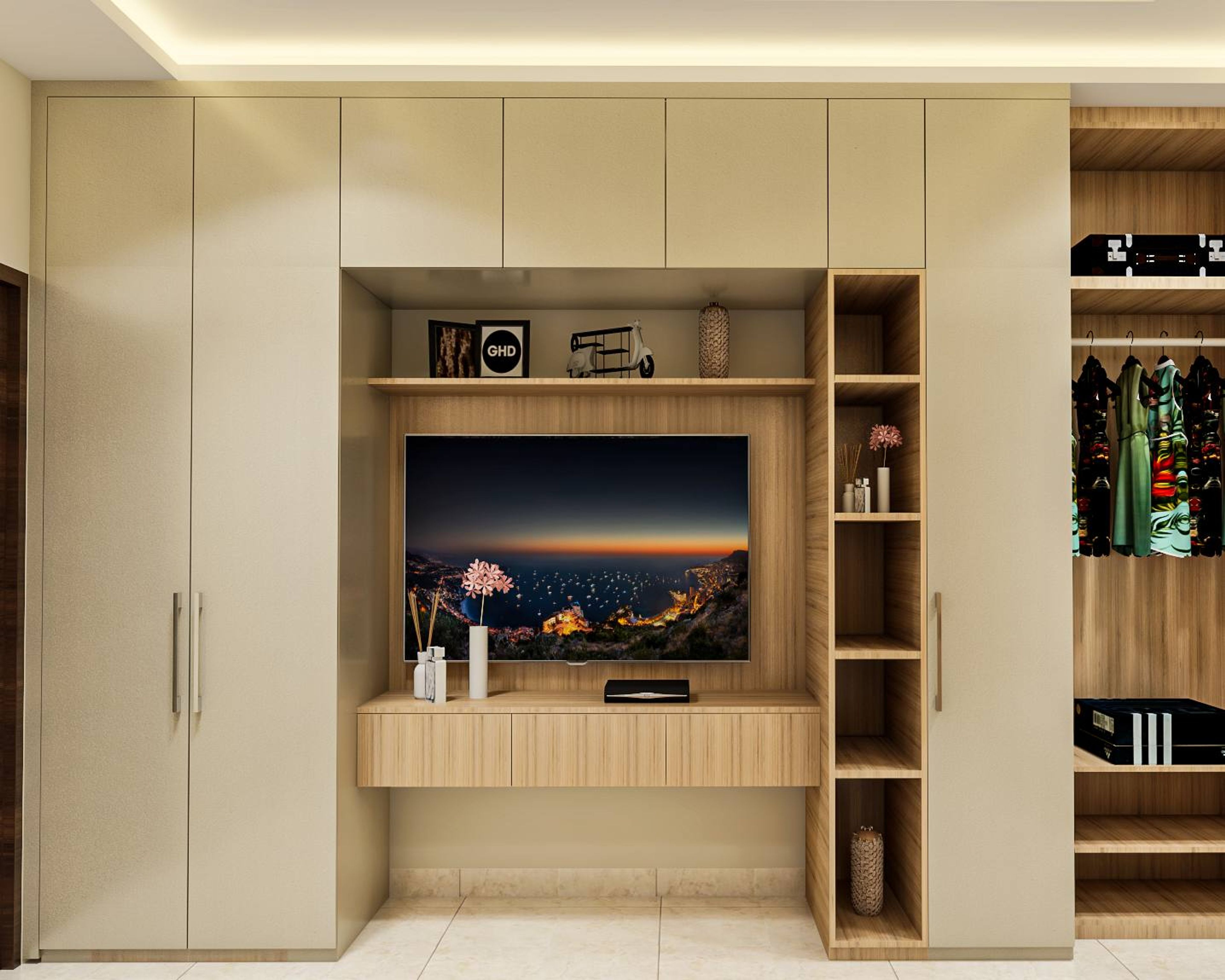 Full-Height Modern Wardrobe Design With TV Unit