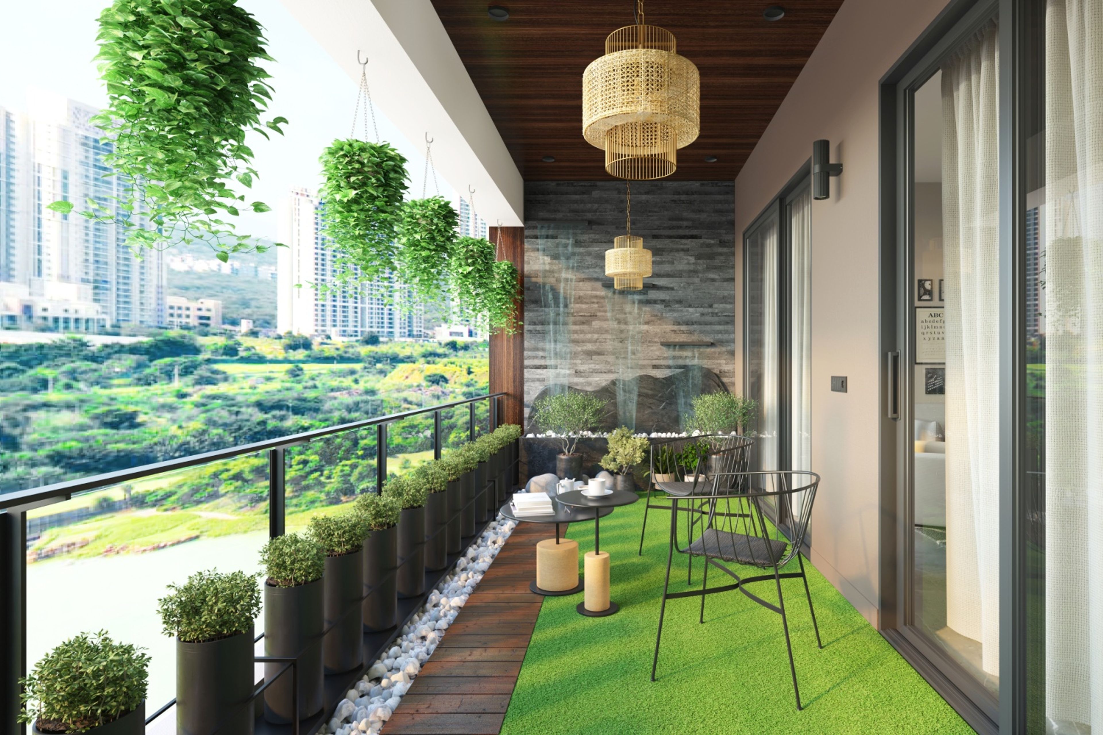 Modern Balcony Design With Grey Brick Stone Cladding And Grass Mat