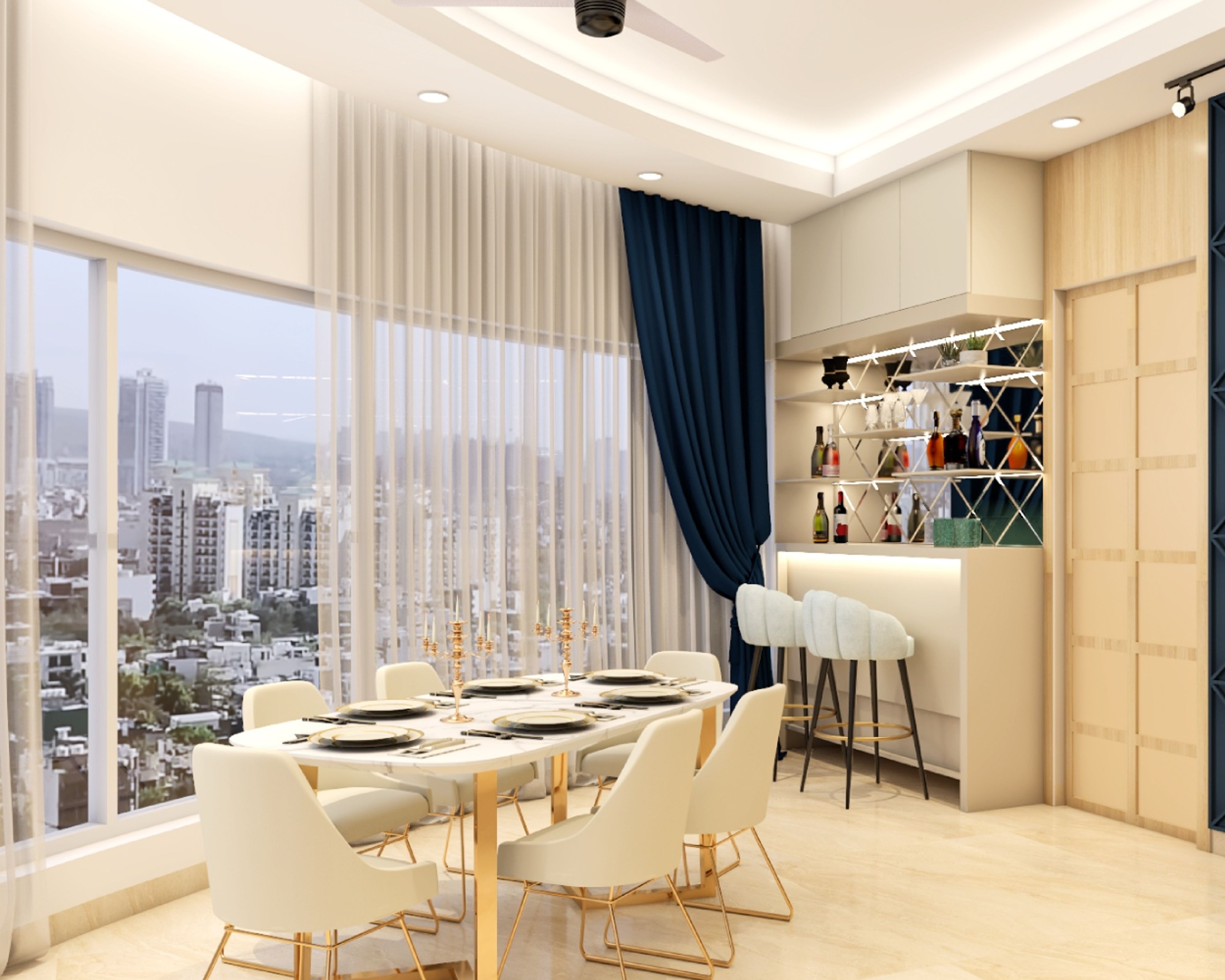 14x13 Ft All-White 6-Seater Dining Room Design With Integrate Bar Unit - Livspace