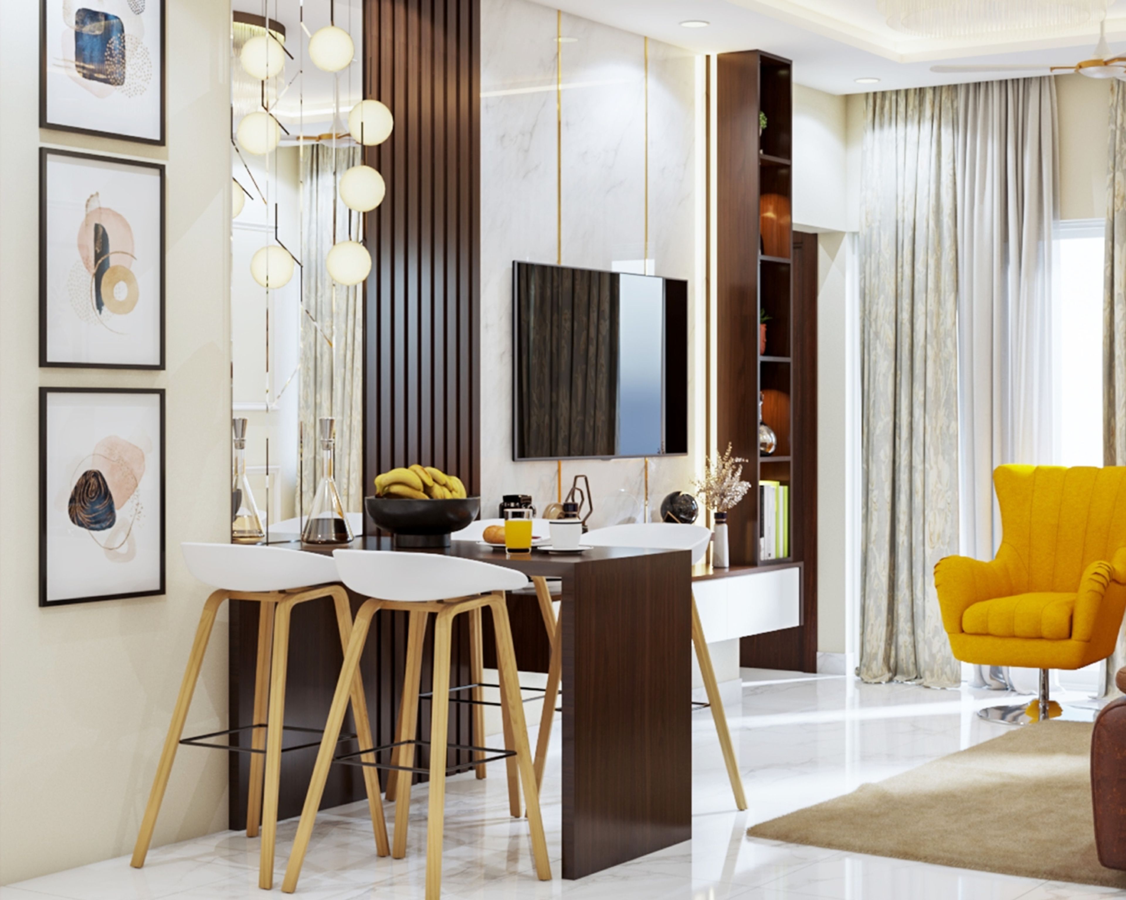 9x9 Ft 4-Seater Wooden Dining Room Design With White High Chairs And Integrated Living Room - Livspace