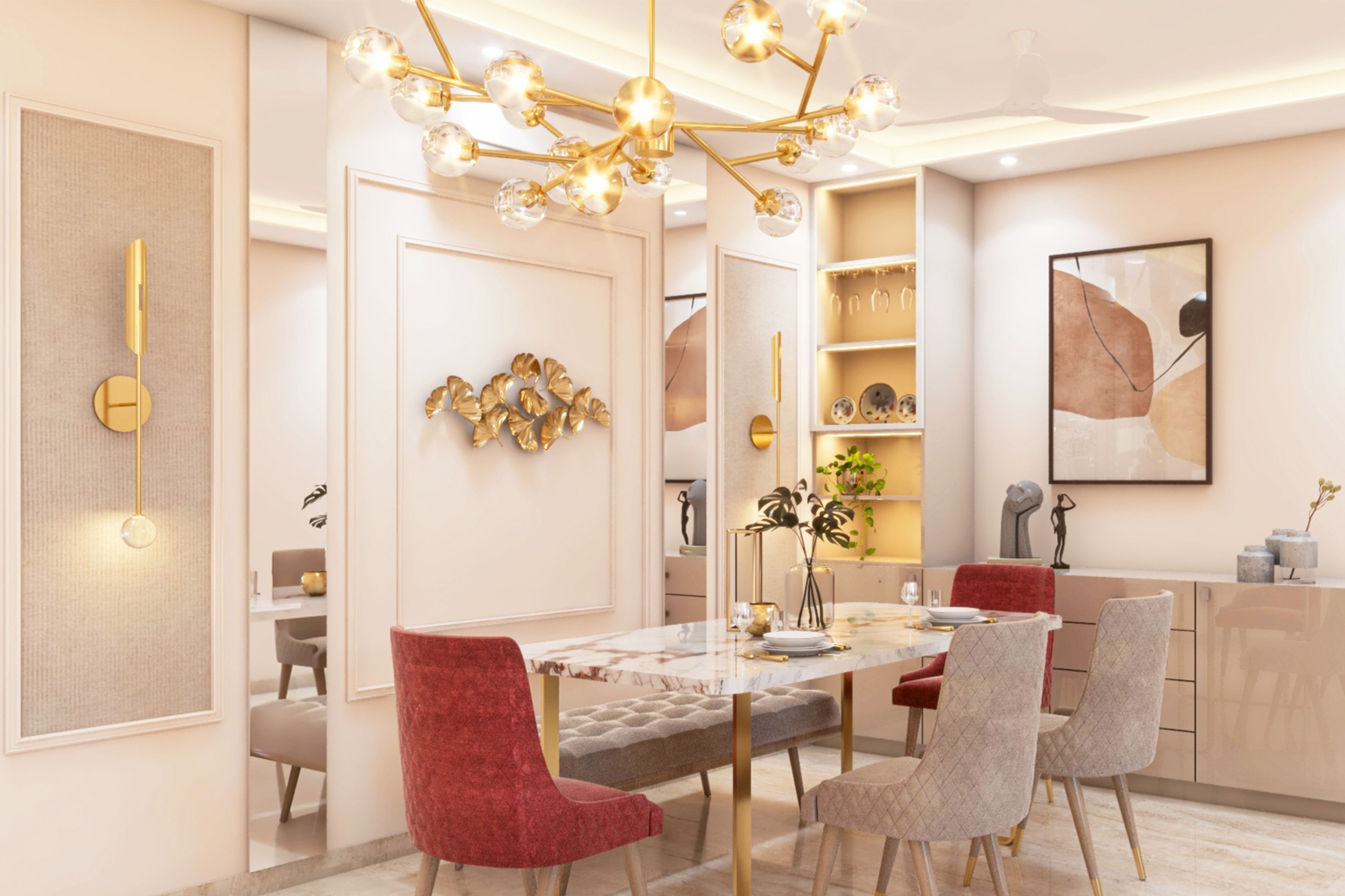 11x10 Ft Marble Dining Room Design With Golden Legs And Buttoned Seater - Livspace