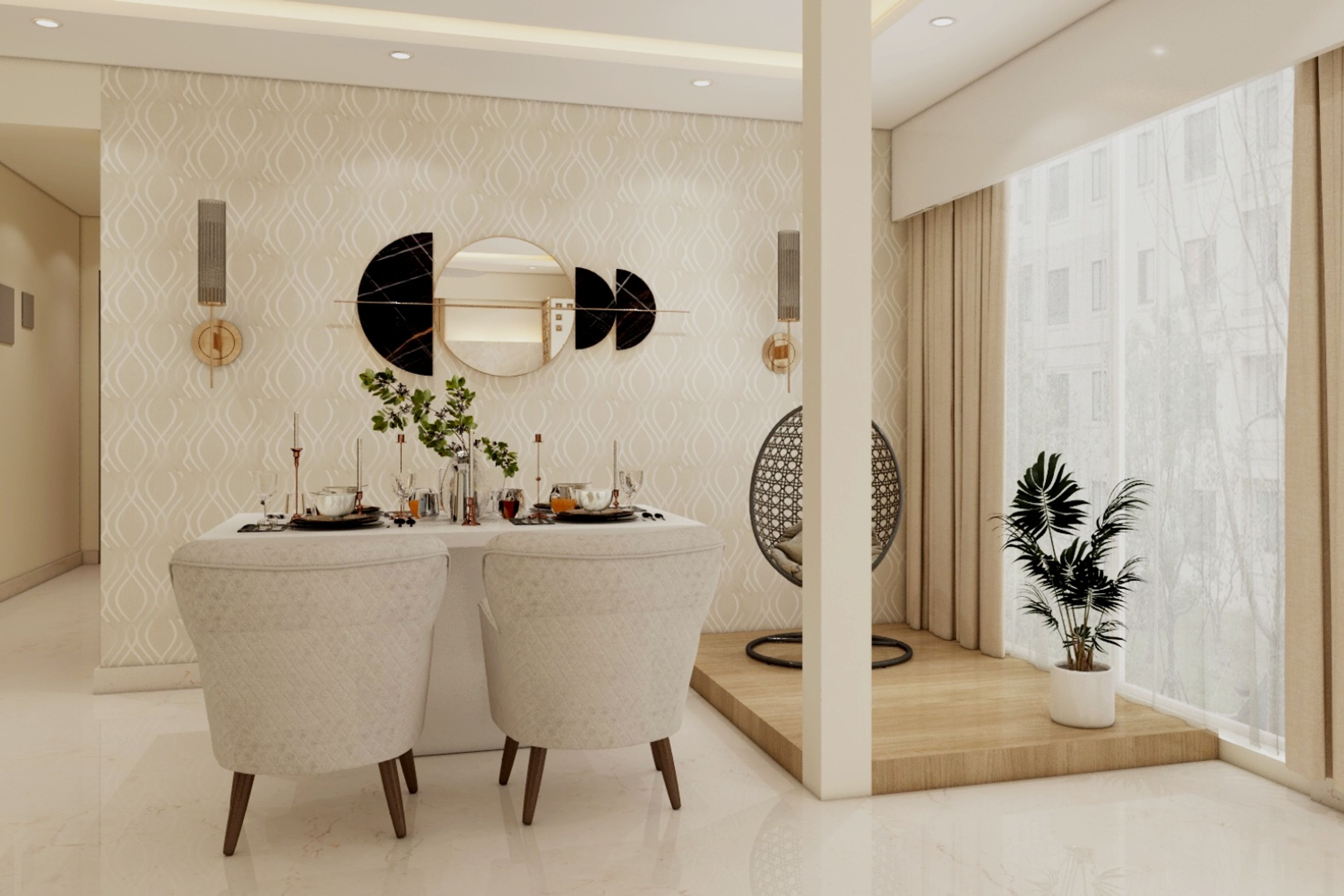 11x10 Ft 4-Seater White Dining Room Design With Grey Upholstered Chairs - Livspace