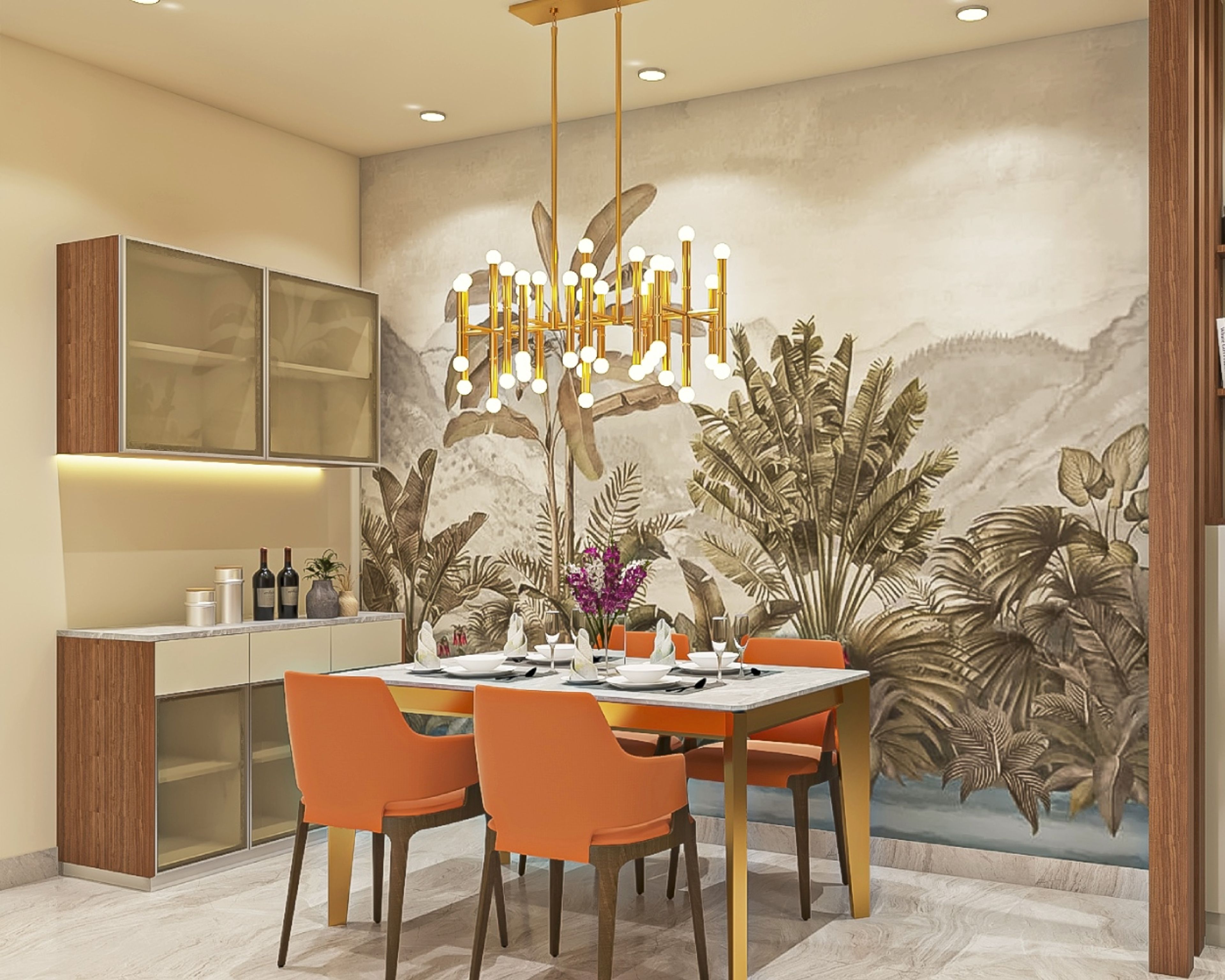 10x9 Ft 4-Seater Marble Dining Room Design With Orange Chairs And Tropical Wallpaper - Livspace