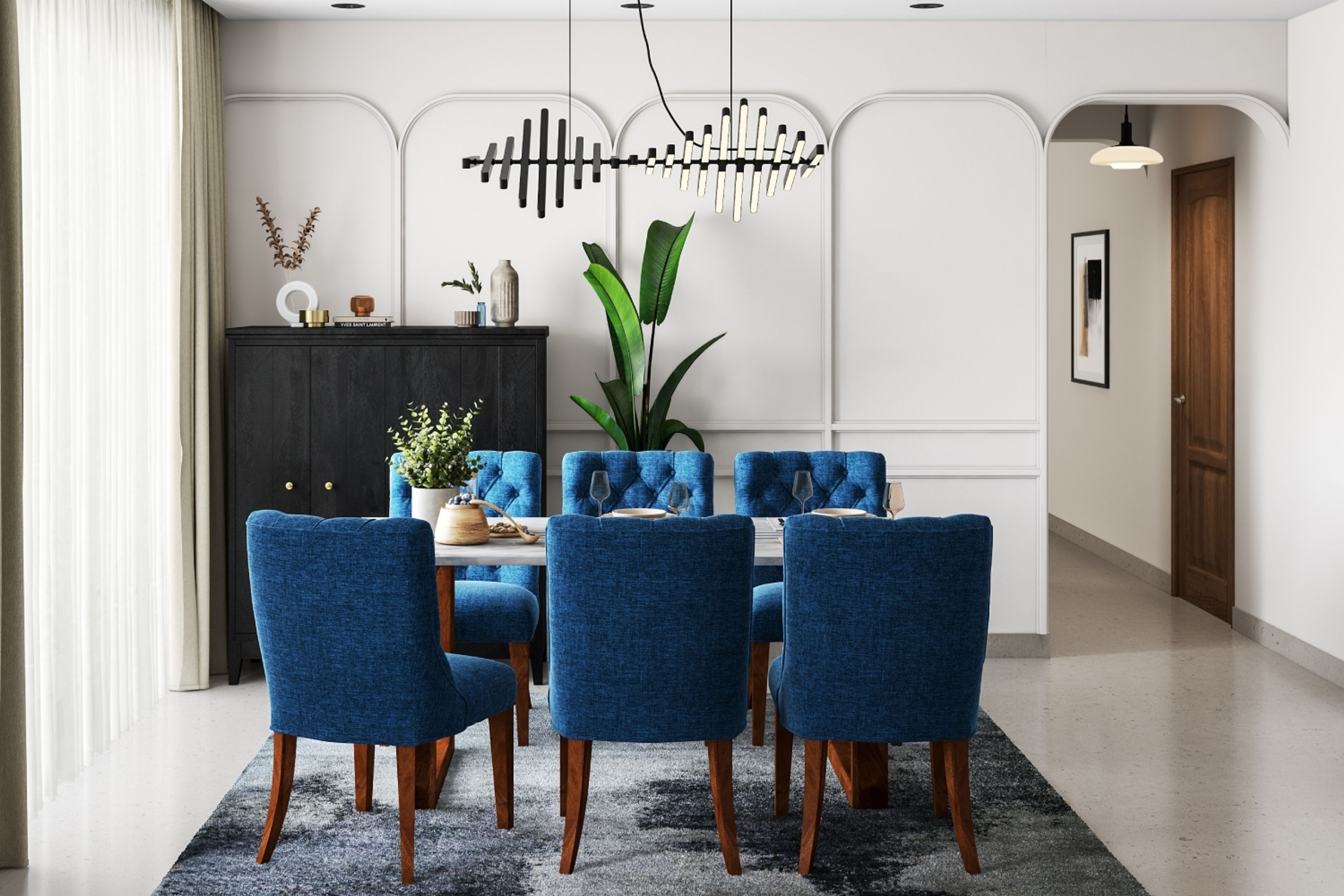 15x13 Ft  6-Seater Dining Room Design With Blue Upholstered Chairs - Livspace