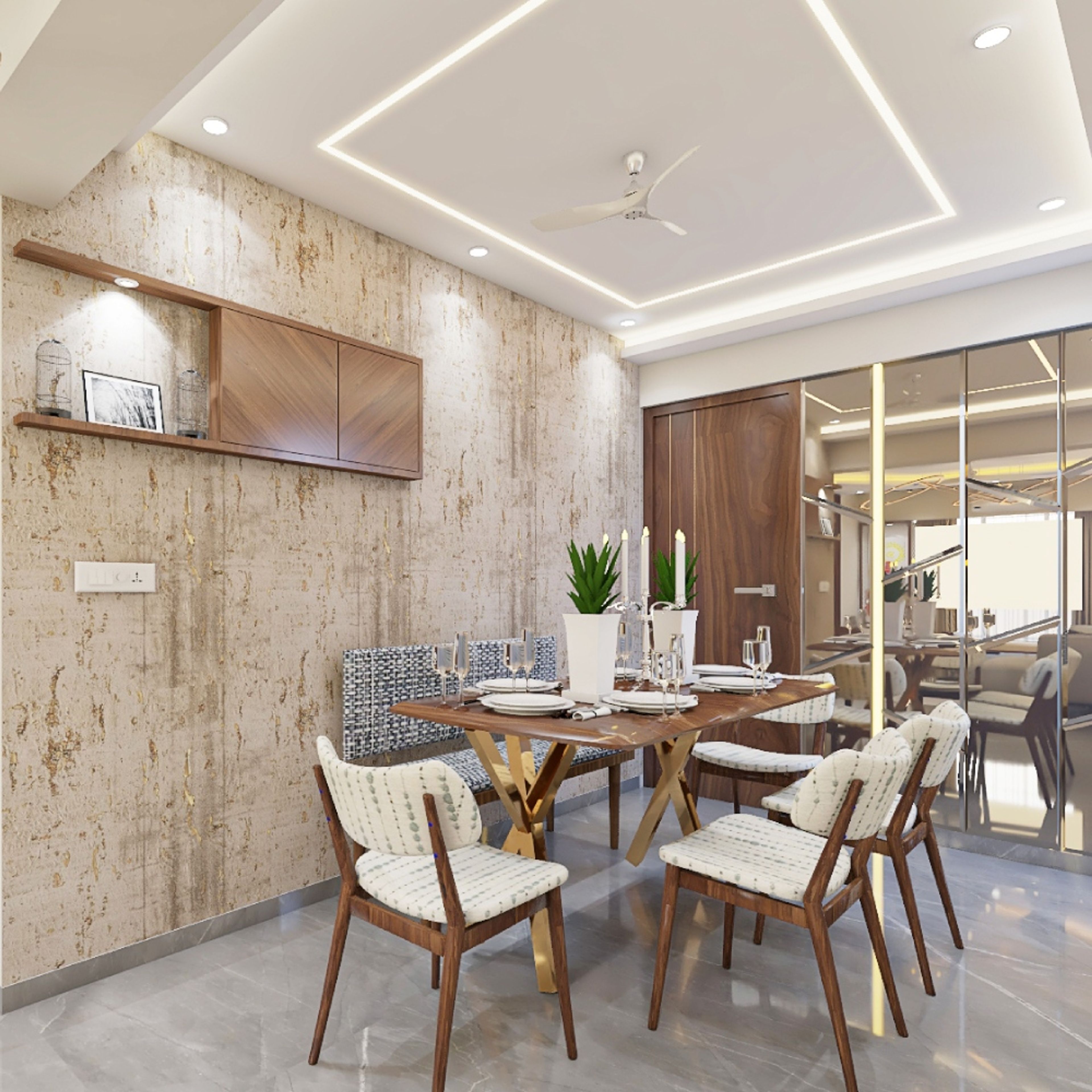 11x10 Ft Dining Room Design With Marble Top And White Cushioned Chairs - Livspace