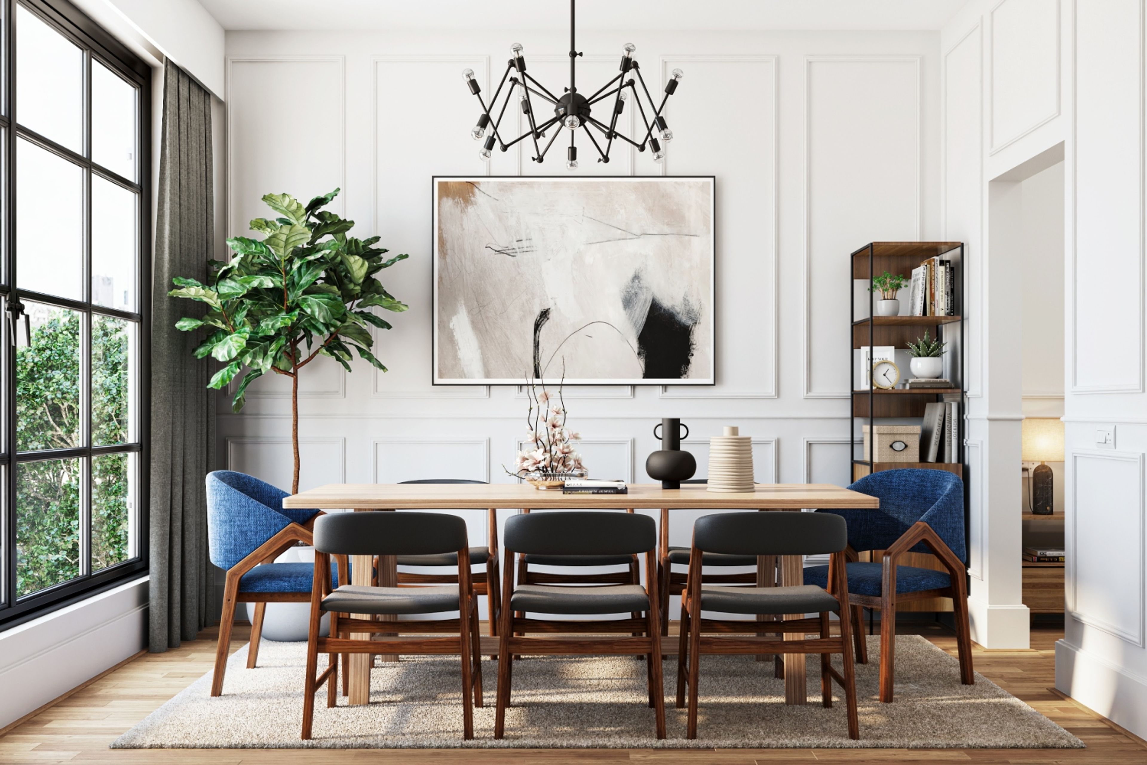 13x11 Ft Modern 8-Seater Wooden Dining Room Design With Grey And Blue Chairs - Livspace