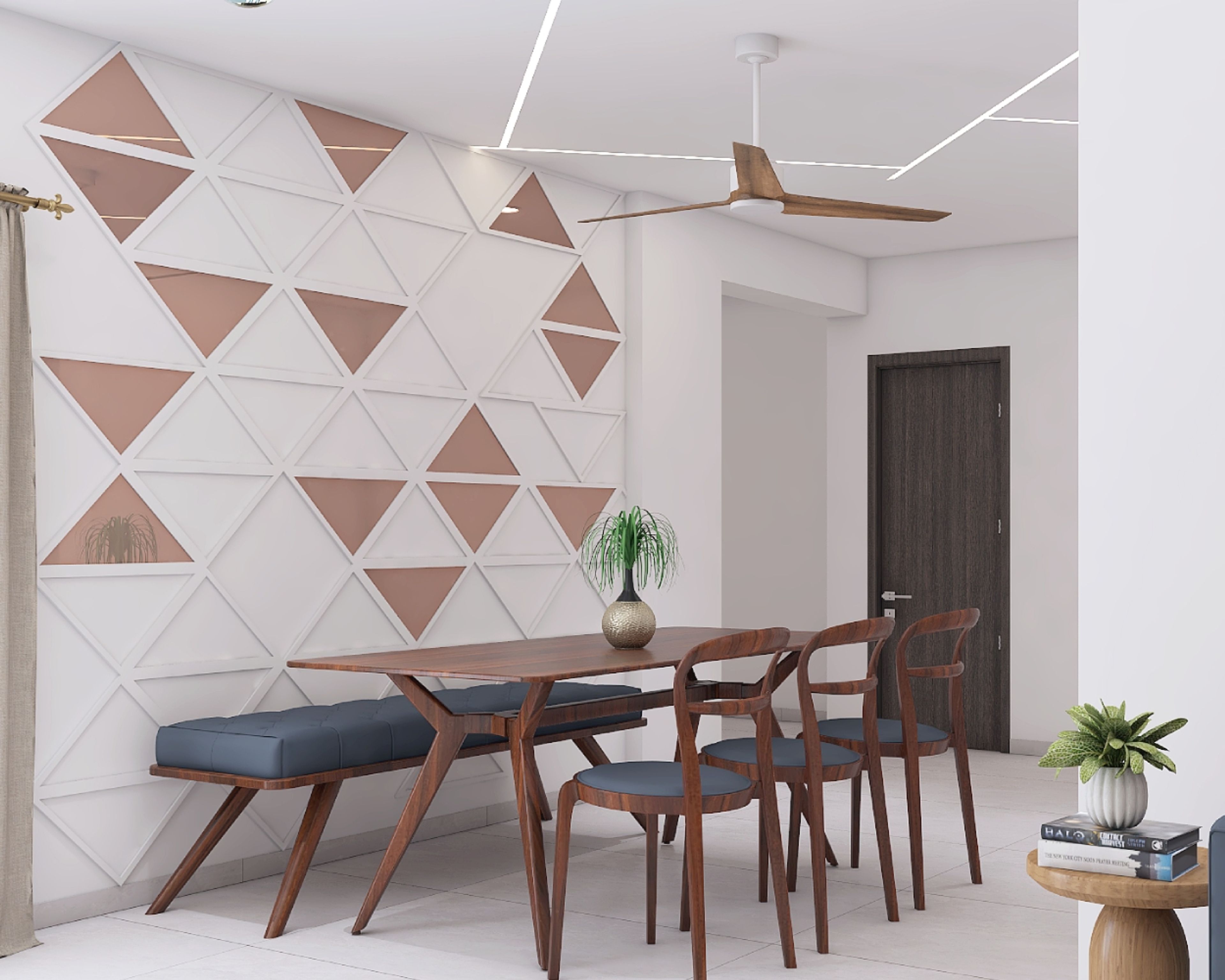 11x10 Ft 6-Seater Wooden Dining Room Design With Blue Seating- Livspace