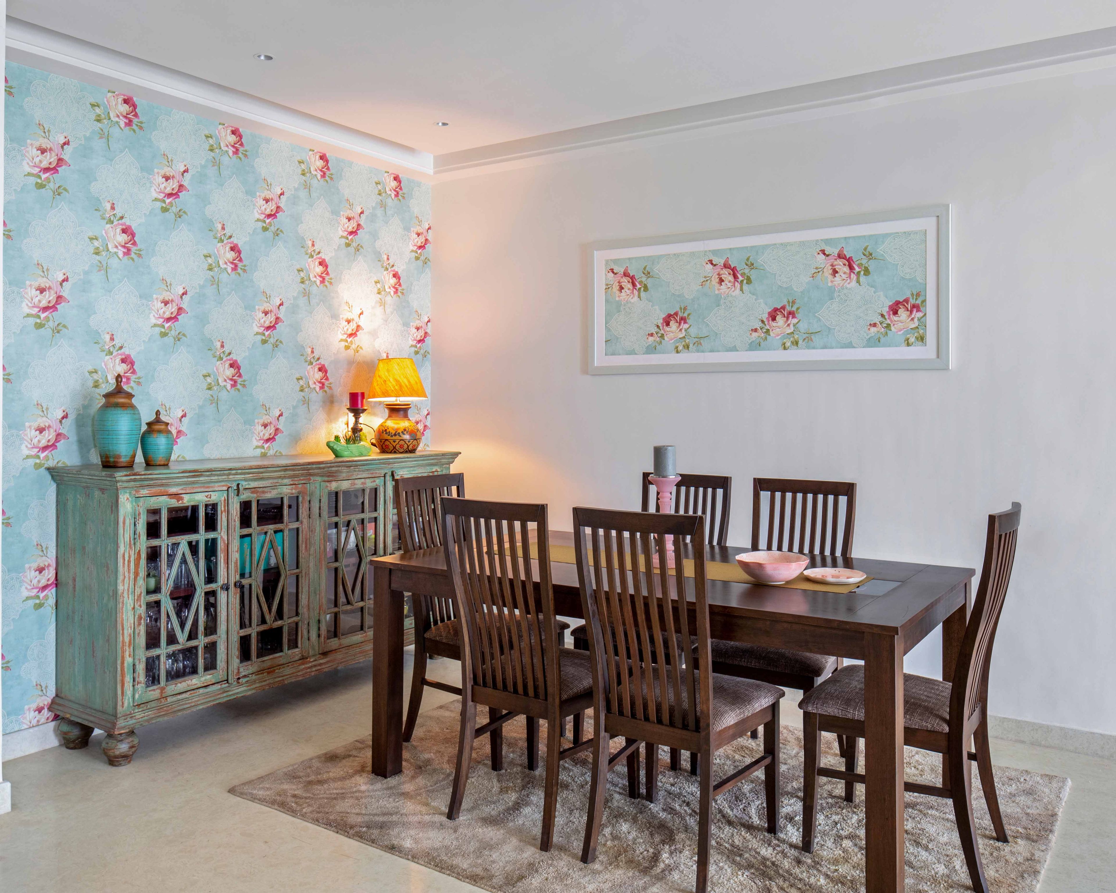 Modern 6-Seater Wooden Dining Room Design With Mint-Green Storage Cabinet