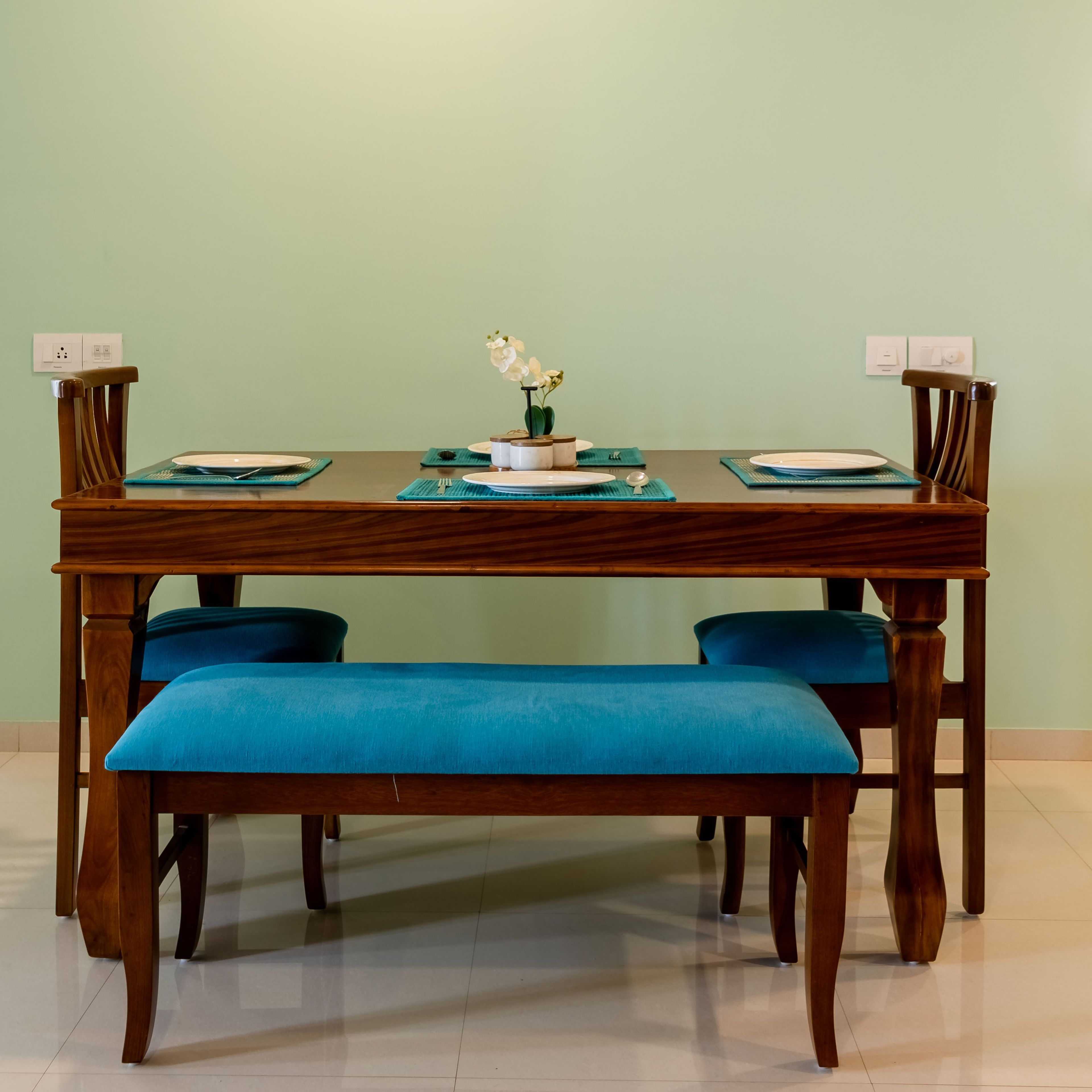 Classic Wooden 2-Seater Dining Room Design With Blue Cushions And Seater