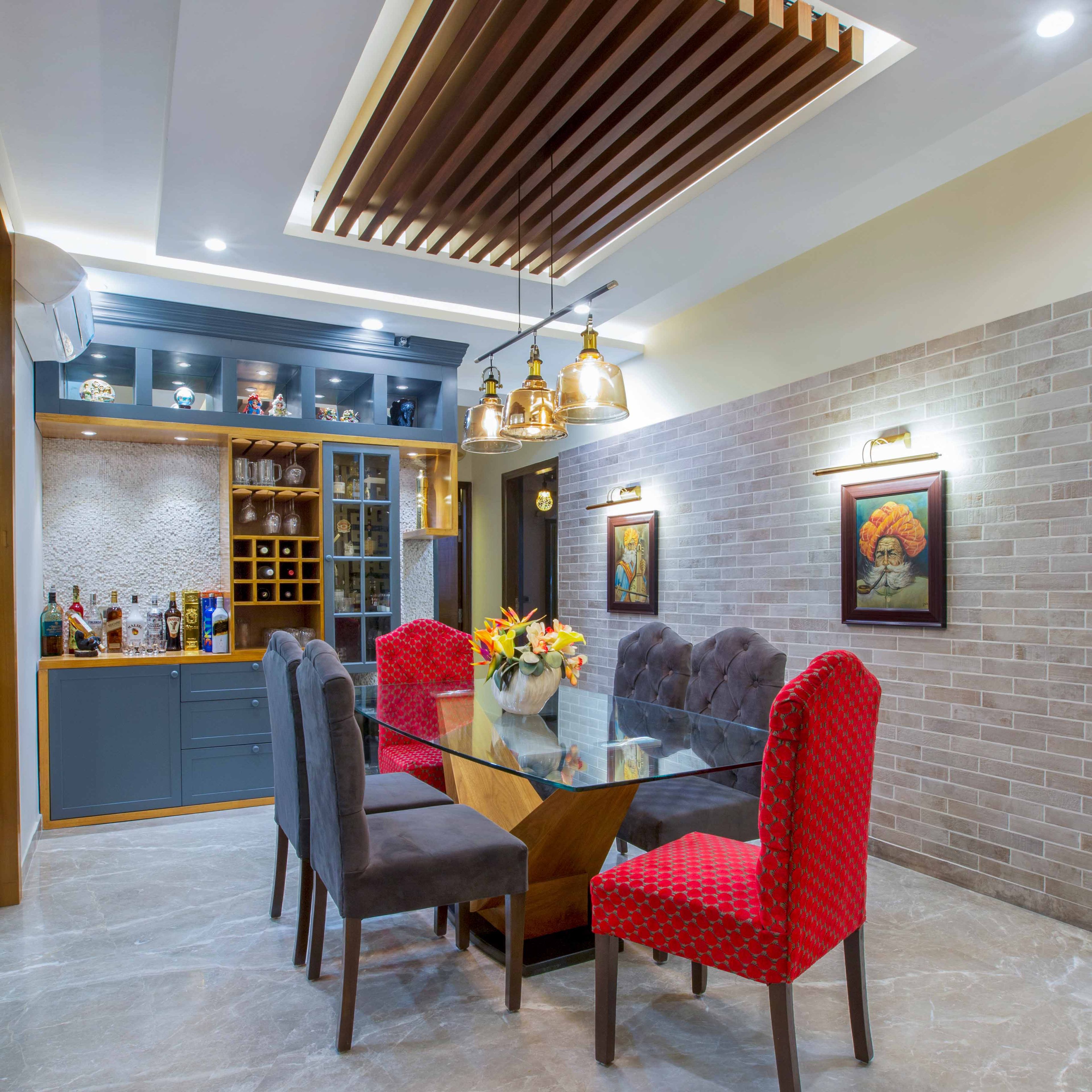 Contemporary 6-Seater Dining Room Design With Grey And Red Upholstered Chairs