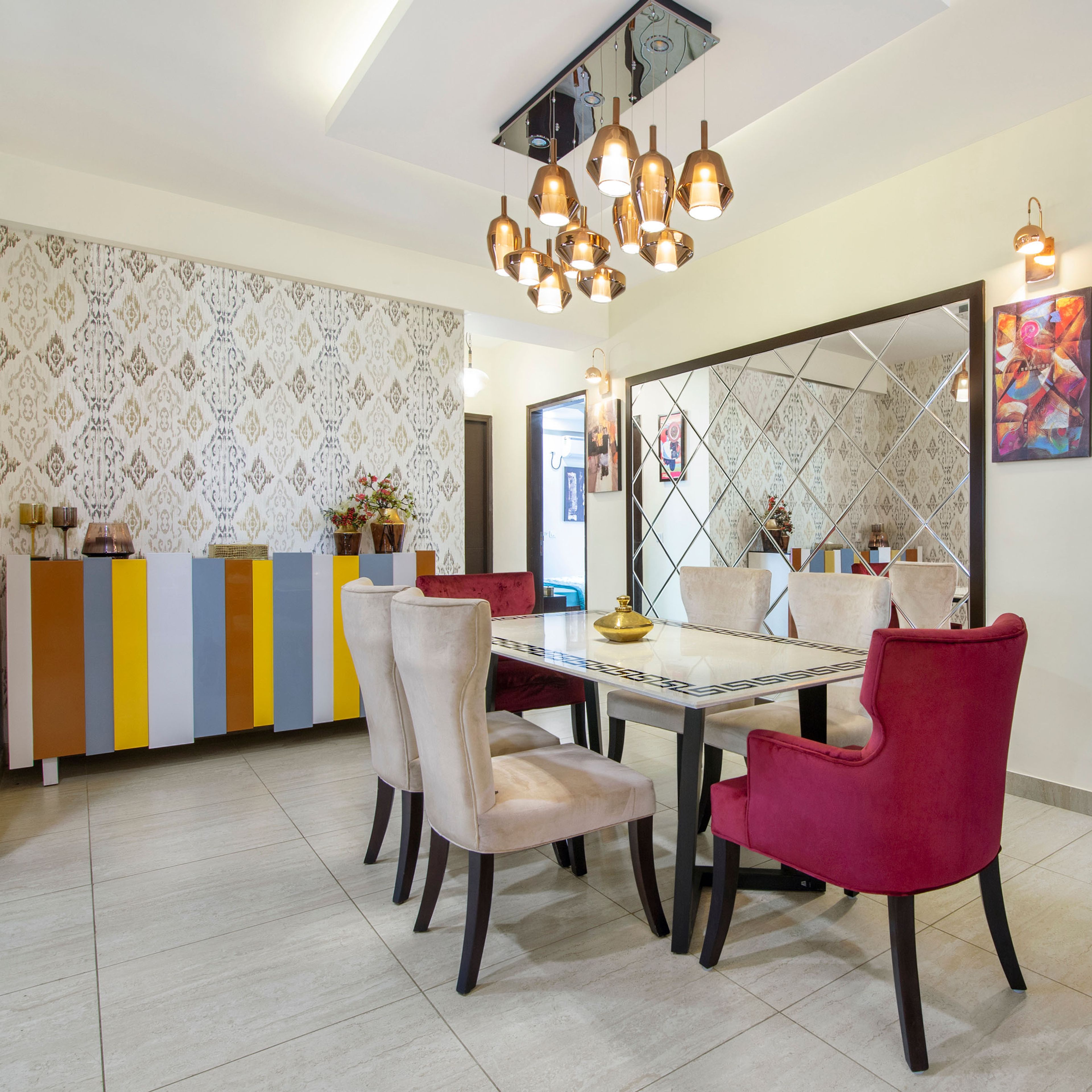Eclectic 6-Seater Dining Room Design With Beige And Red Upholstered Chairs