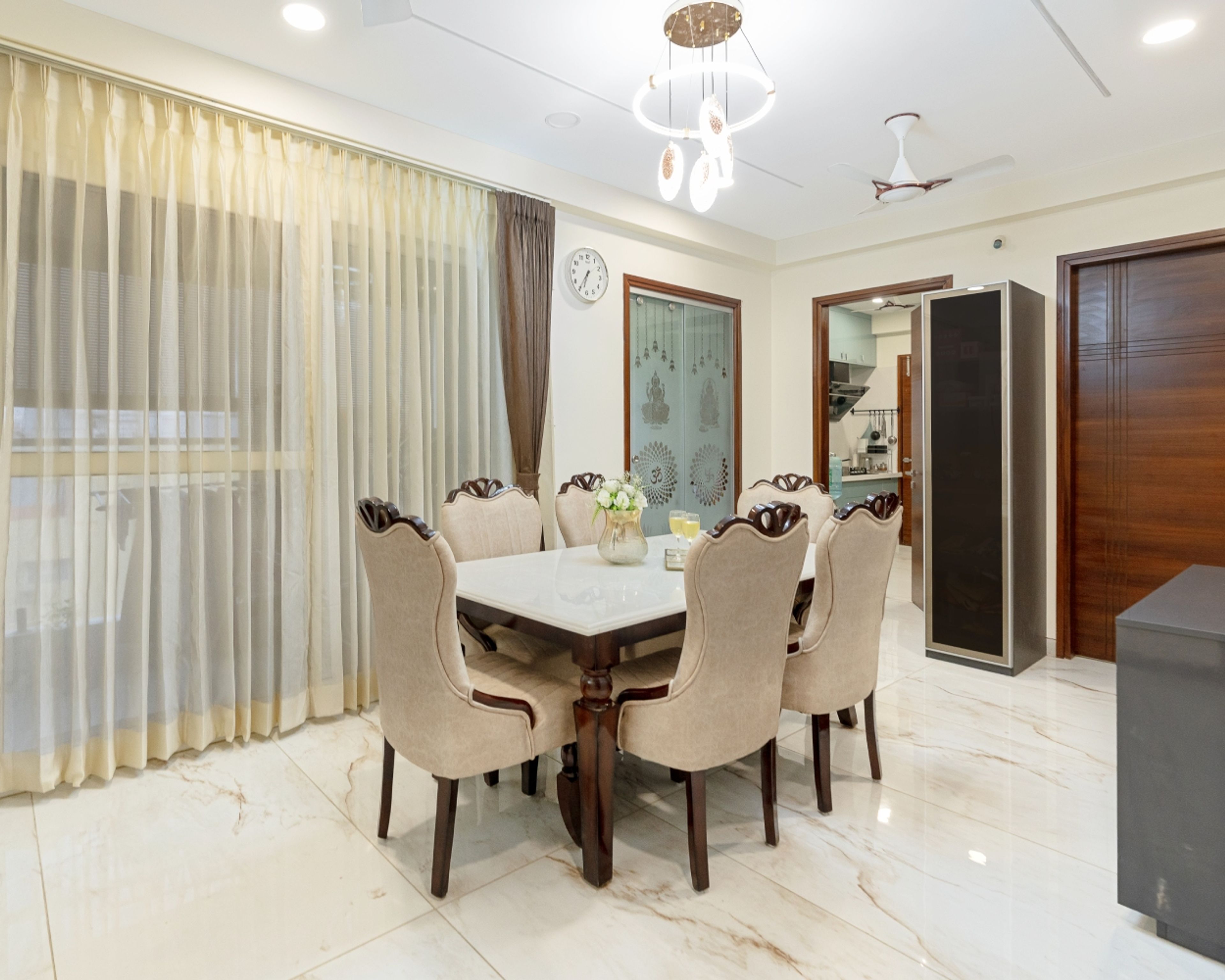 12x10 Ft 6-Seater Dining With Beige Tufted Chairs And Quartz Countertop - Livspace