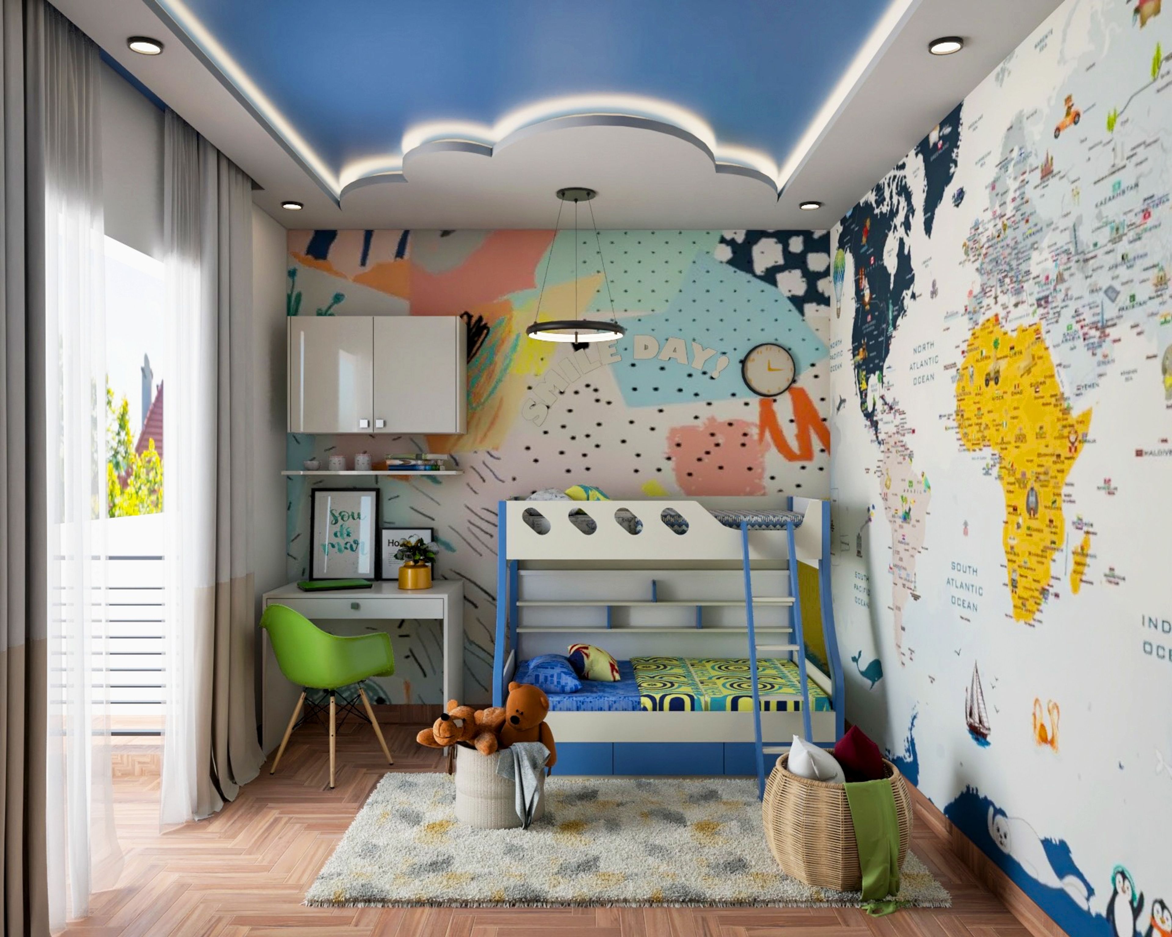 White And Blue Cloud-Shaped Ceiling Design - Livspace