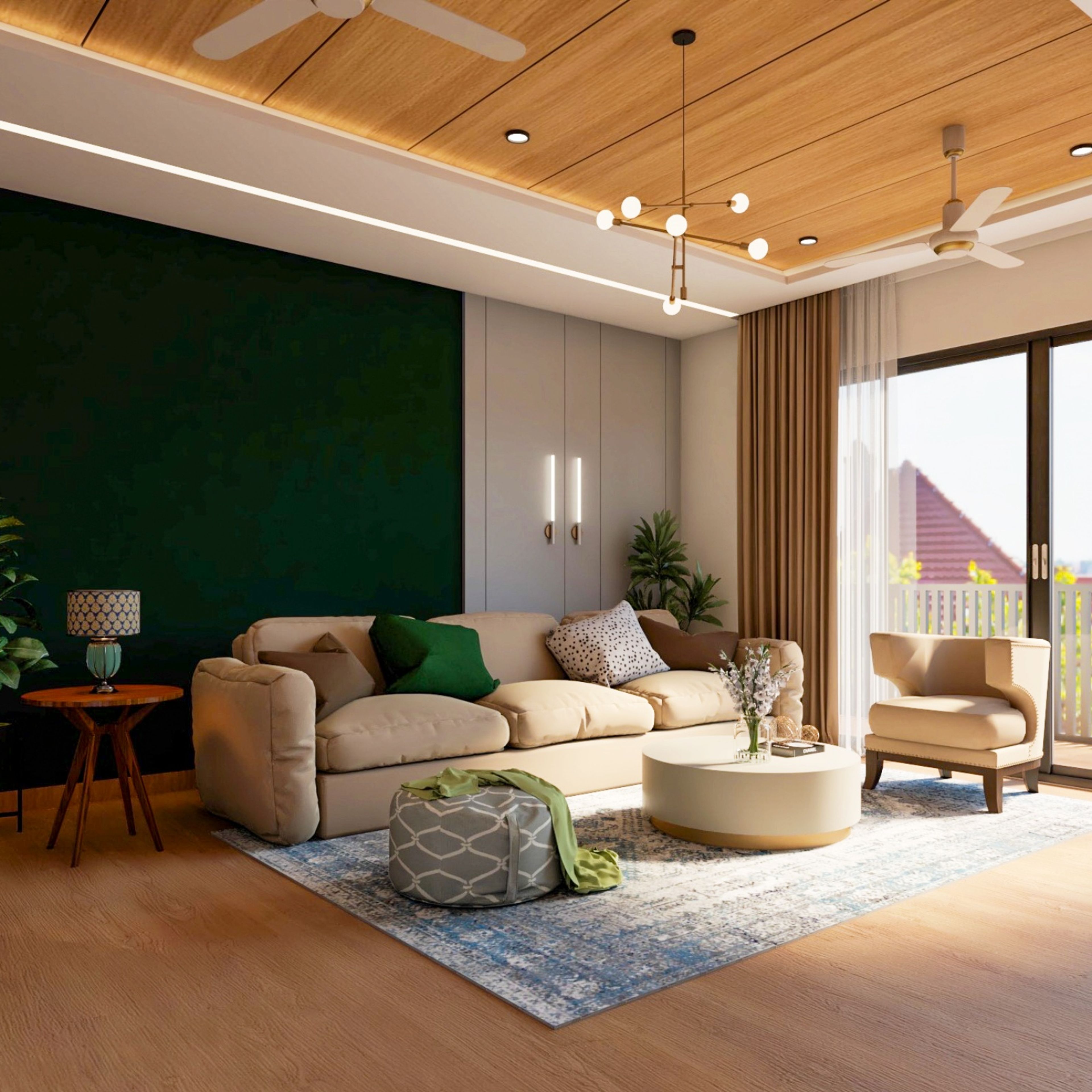 Wood And POP Ceiling Design For Living Room - Livspace