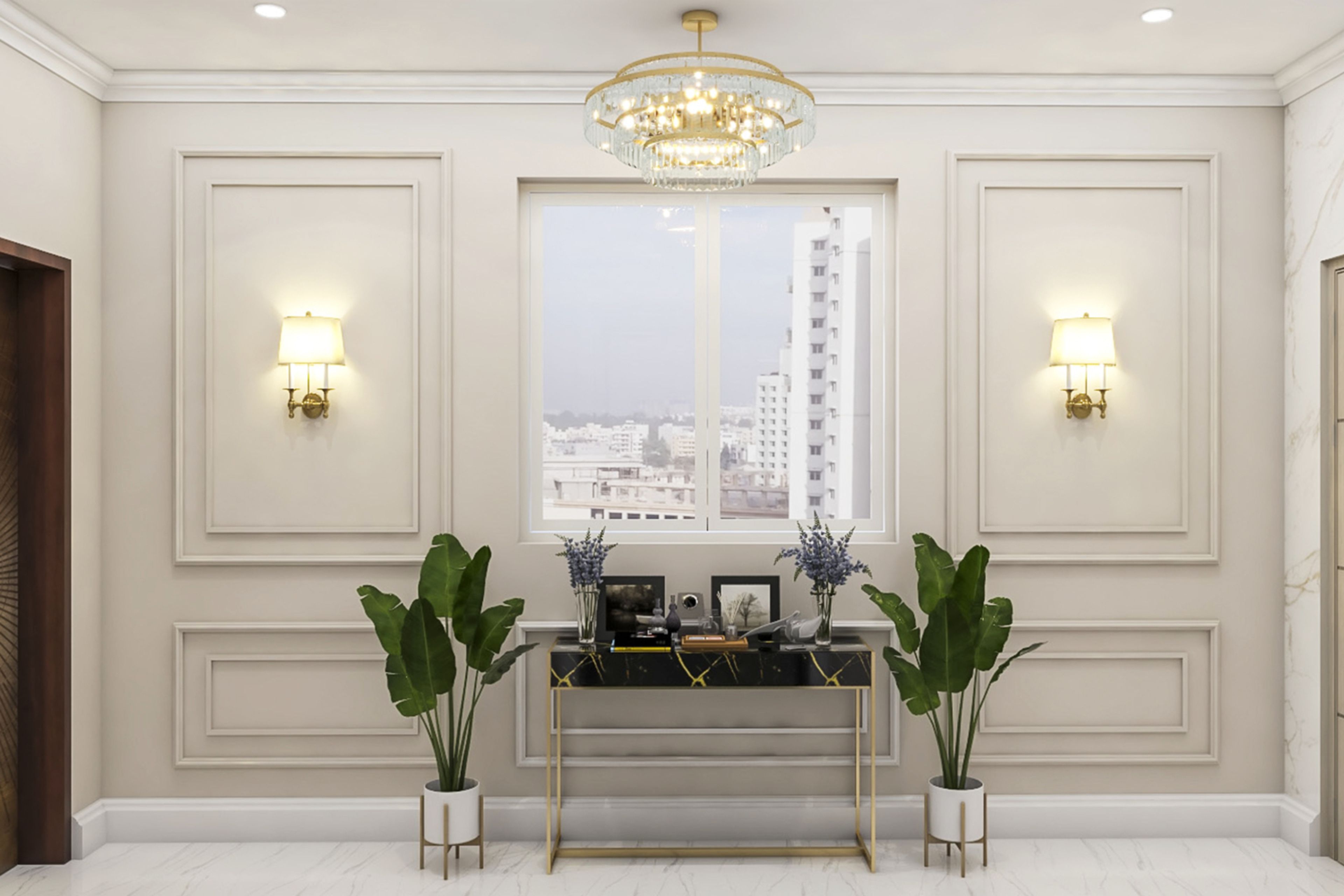 12x10 Ft Light Beige Foyer Design With Wall Trims - Livspace