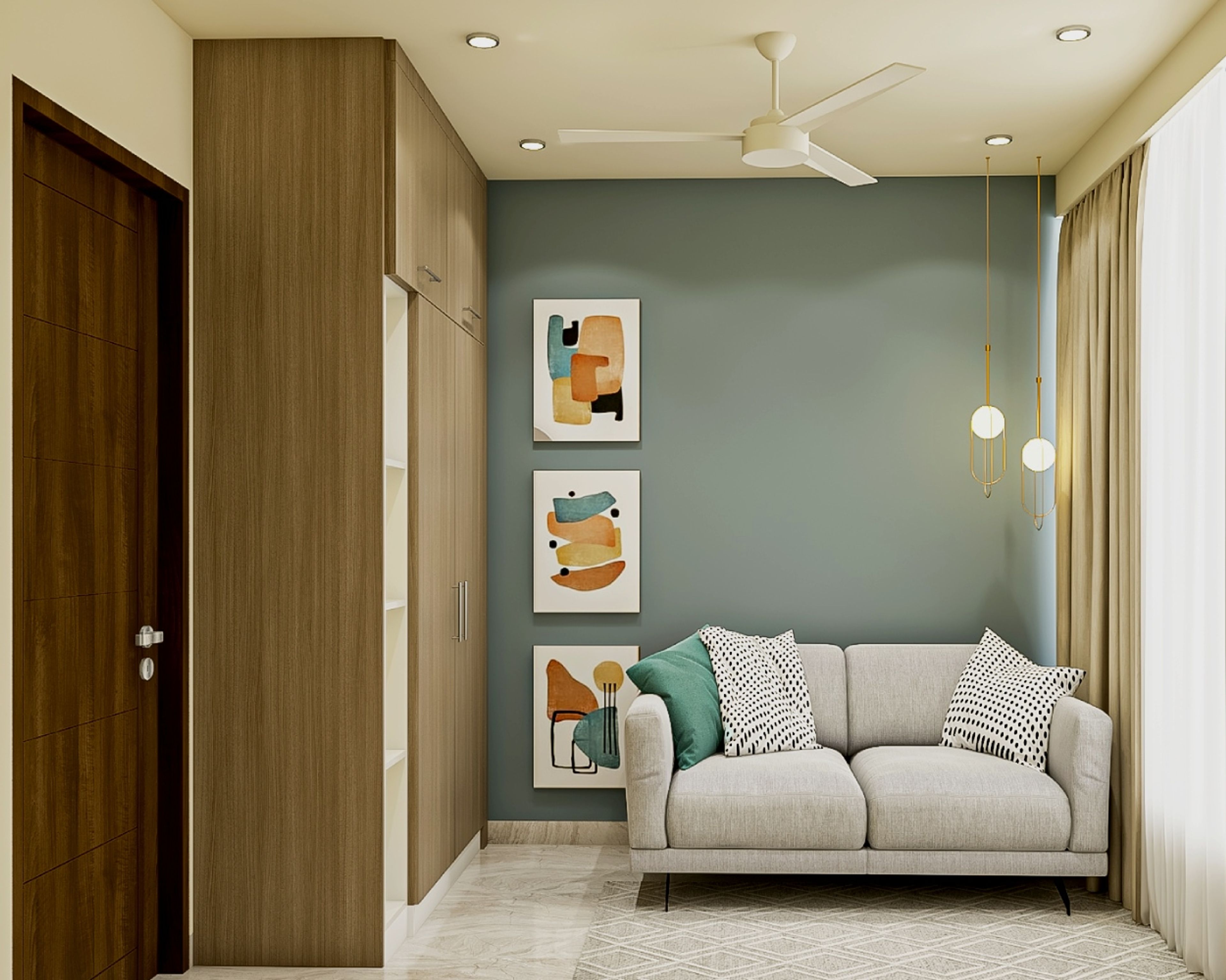 Modern Guest Room Design With Two-Seater Grey Upholstered Sofa And Blue-Grey Wall