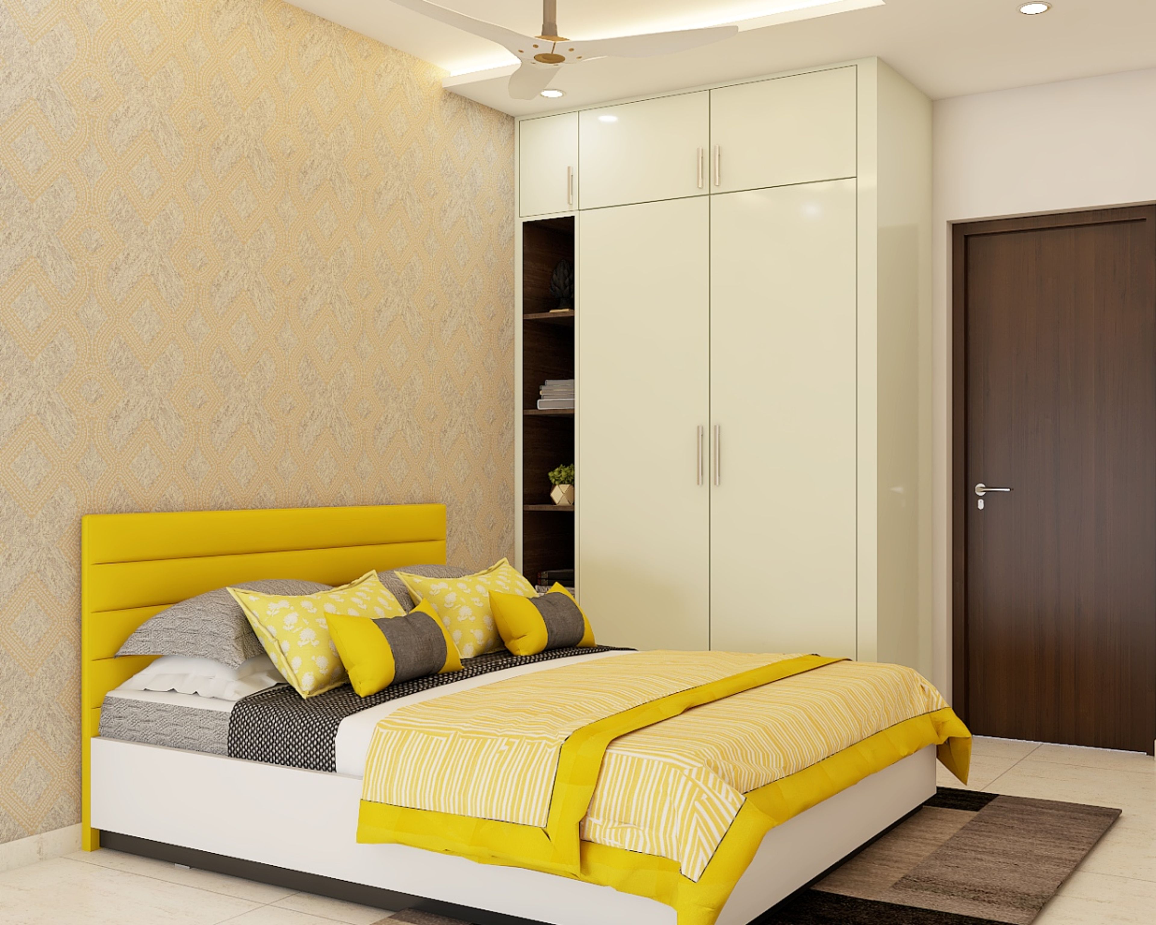 Modern Guest Room Design With Yellow And White Queen-Sized Bed