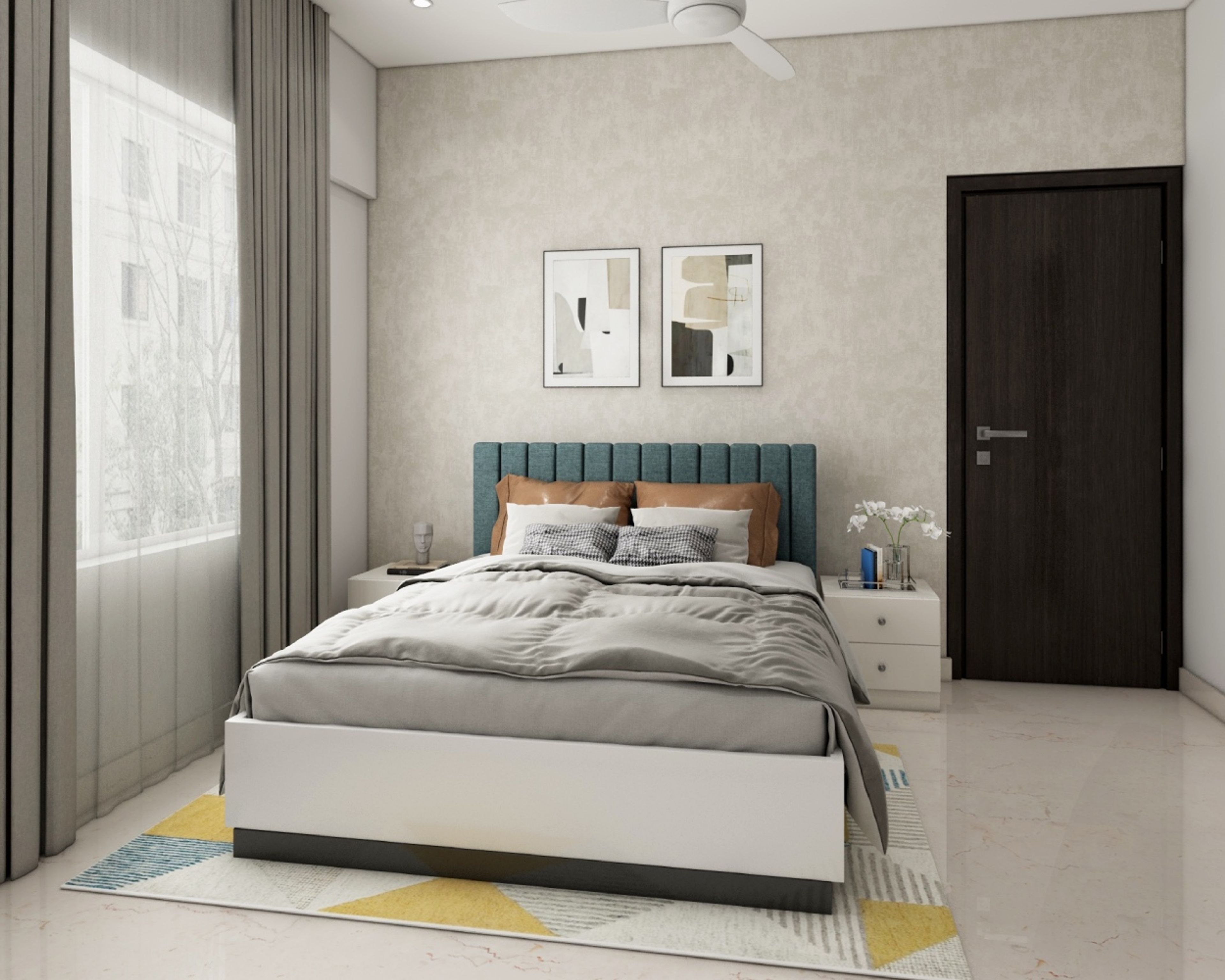 Modern Neutral-Toned Guest Room Design With Multicoloured Rug