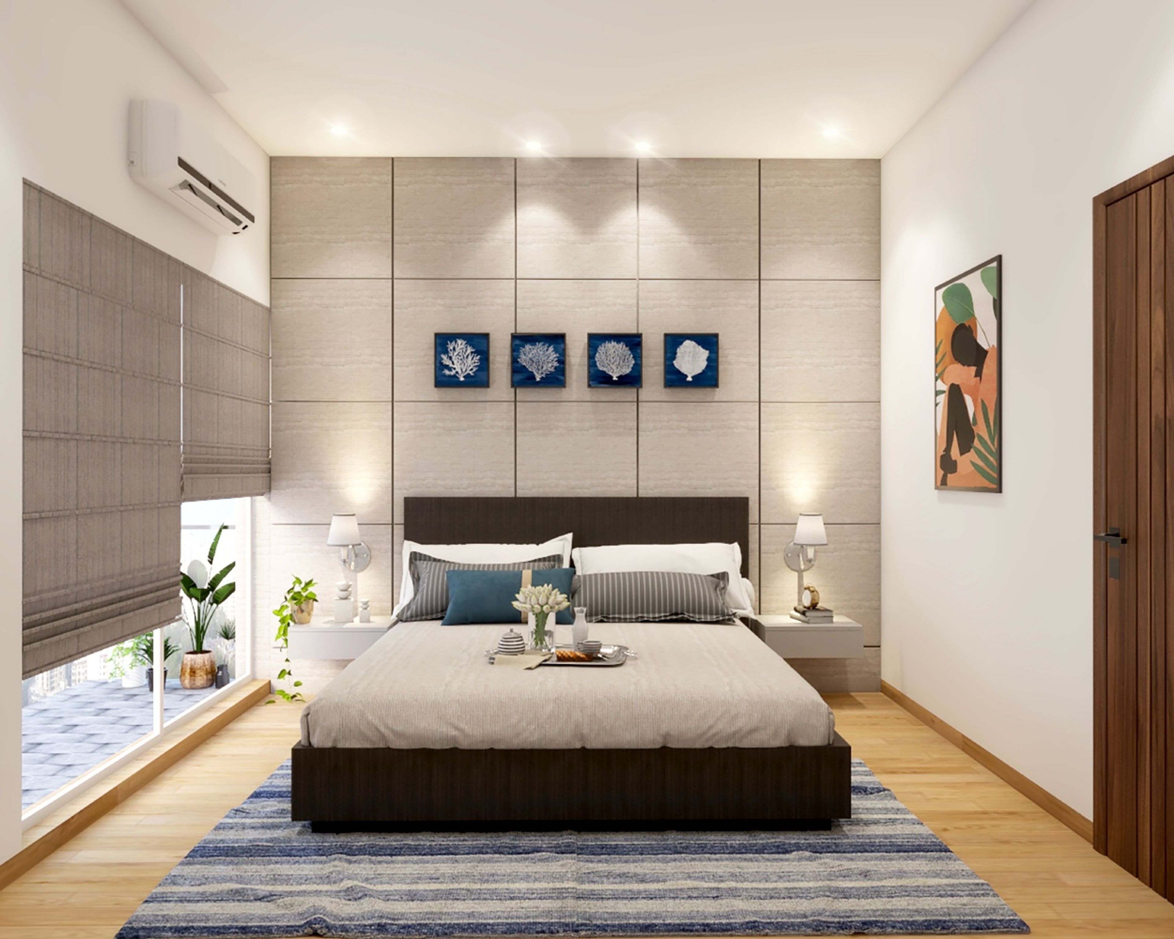 Modern Grey And Beige Guest Bedroom Design With Grid Wallpaper