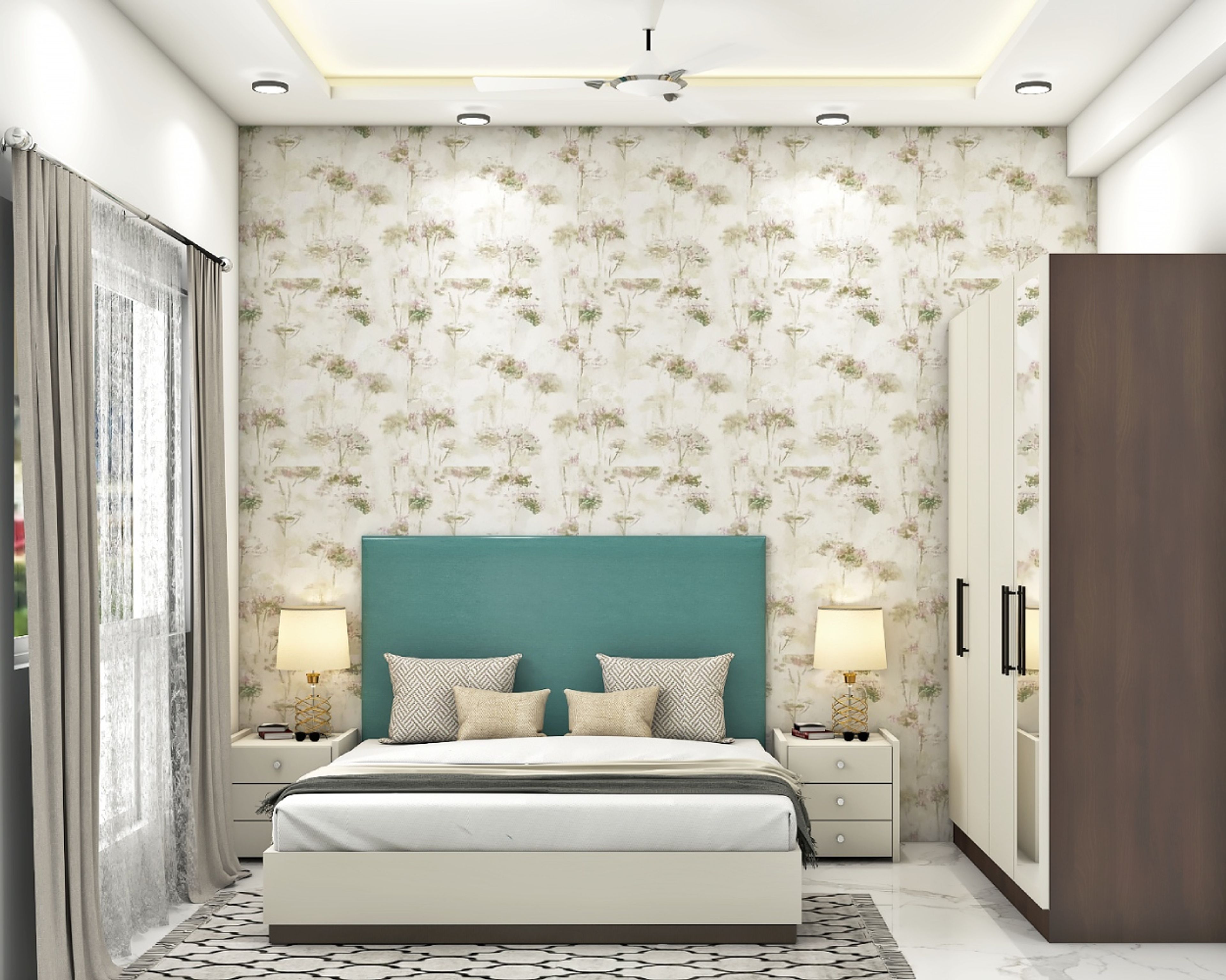 Contemporary Guest Room Design With The Turquoise Headboad And Floral Wallpaper