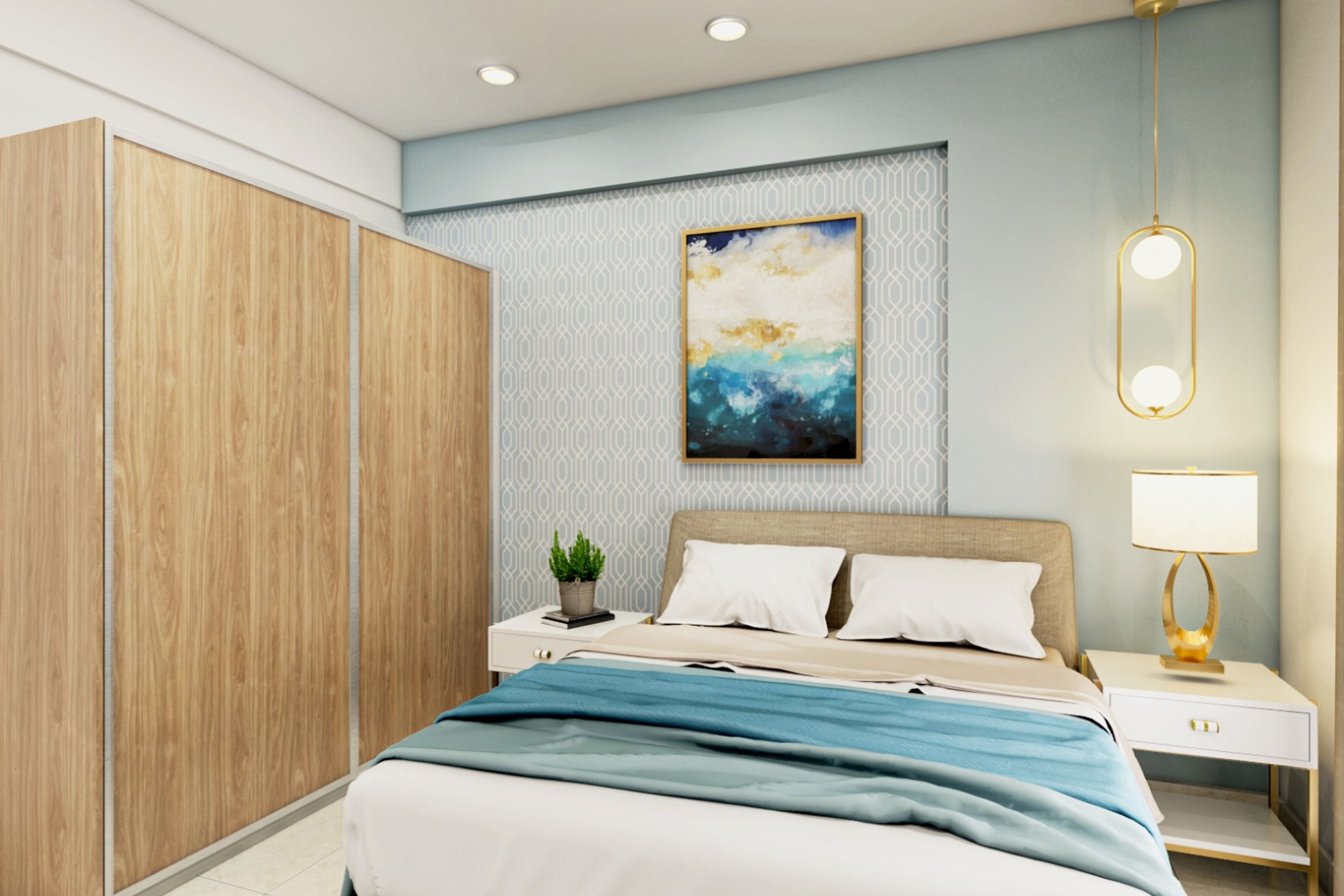 Contemporary Blue And Wood Guest Room Design With 2-Door Sliding Wardrobe