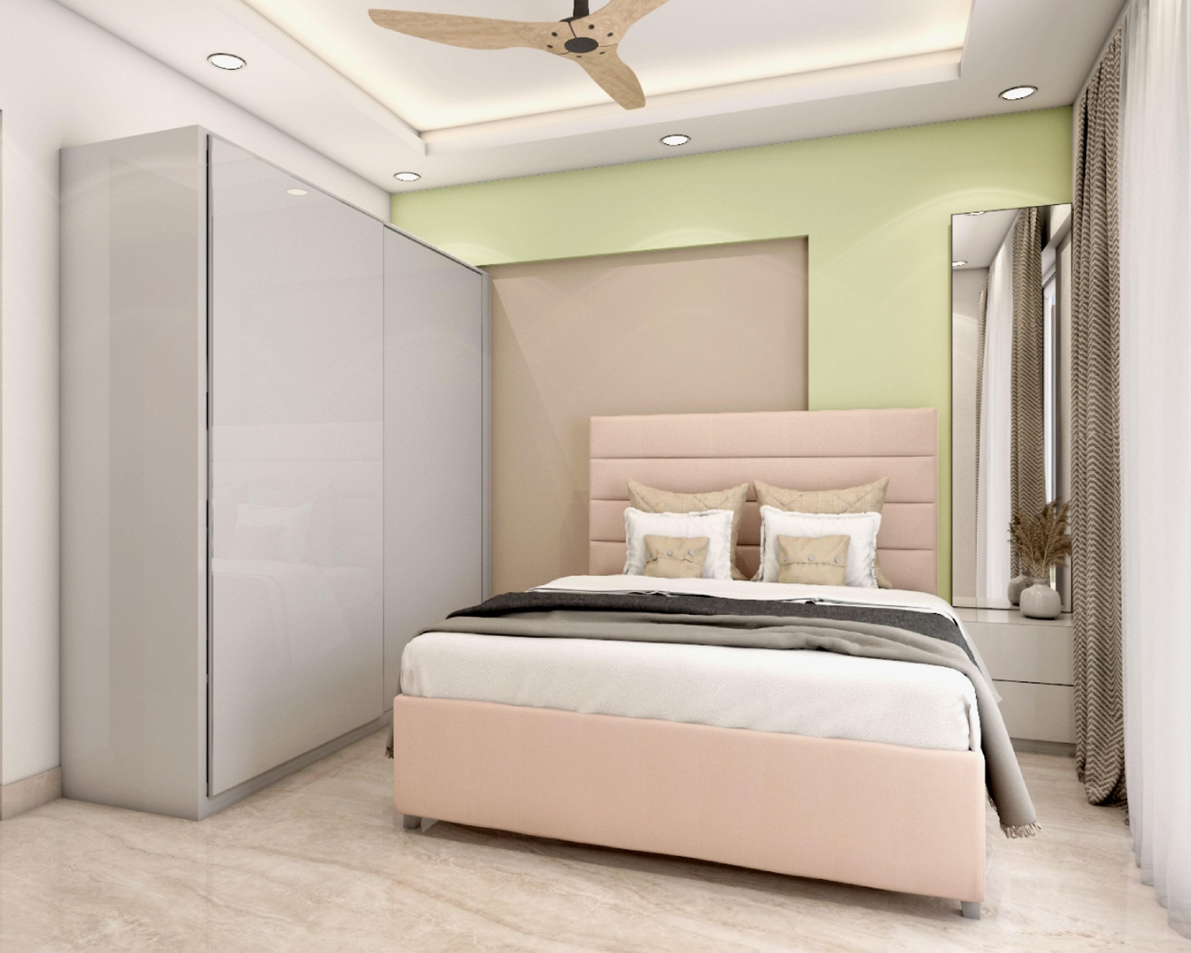 Contemporary Pastel-Toned Guest Bedroom Design With White 2-Door Sliding Wardrobe