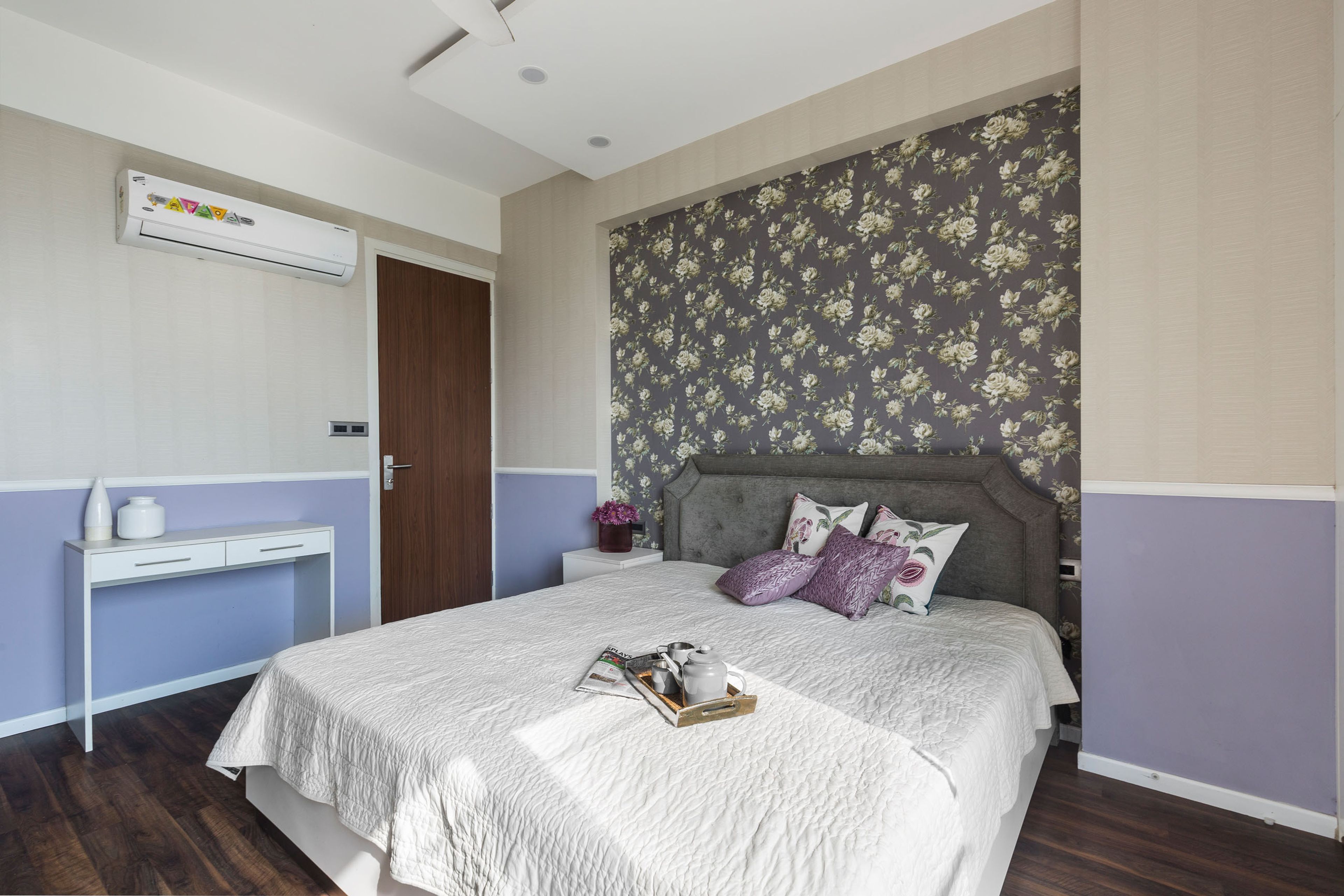 Contemporary Guest Room Design With Grey Floral Wallpaper