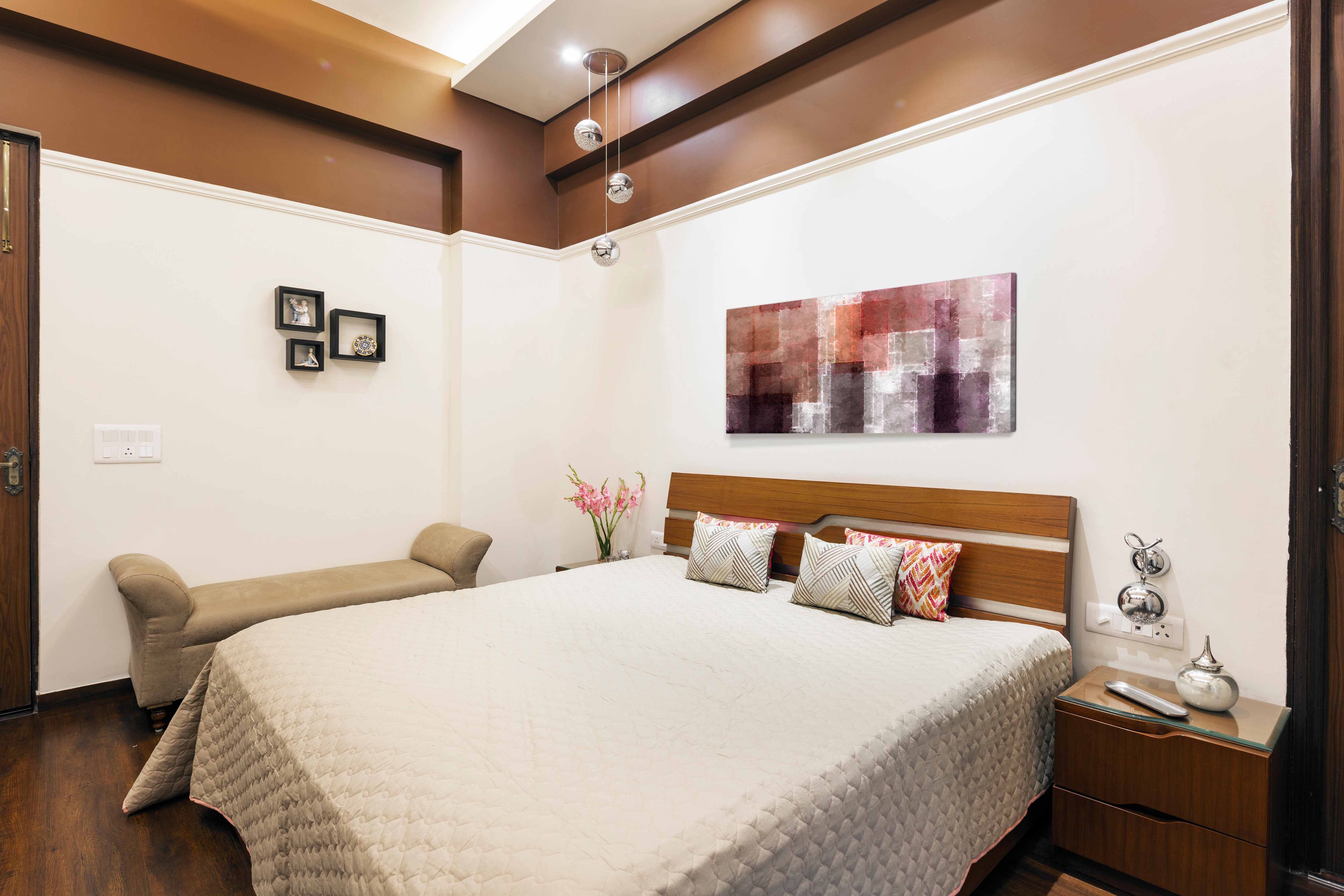 Classic White And Brown Guest Bedroom Design With Beige Upholstered Seater