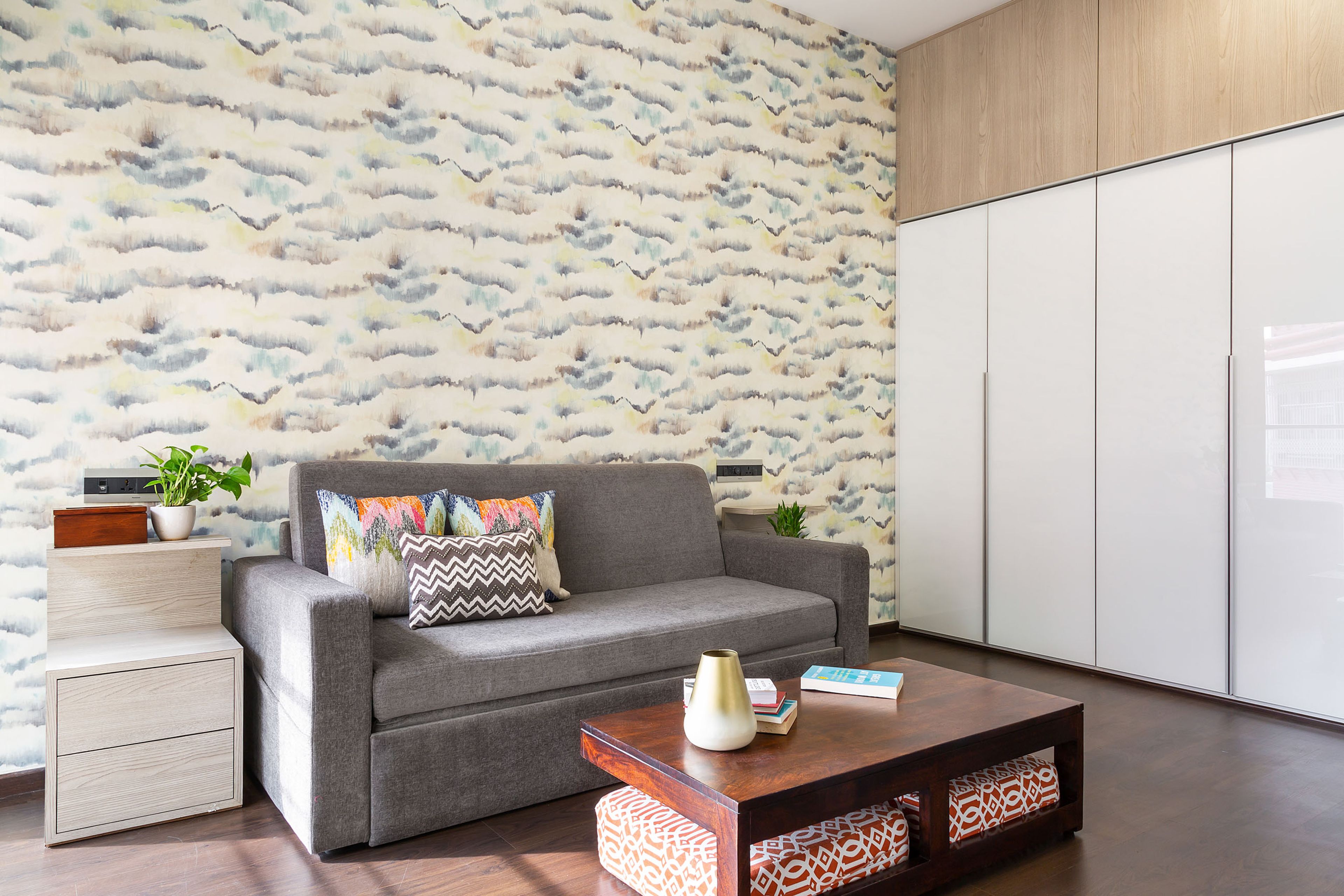 Wood And White Home Office Design With Integrated TV Unit - Livspace