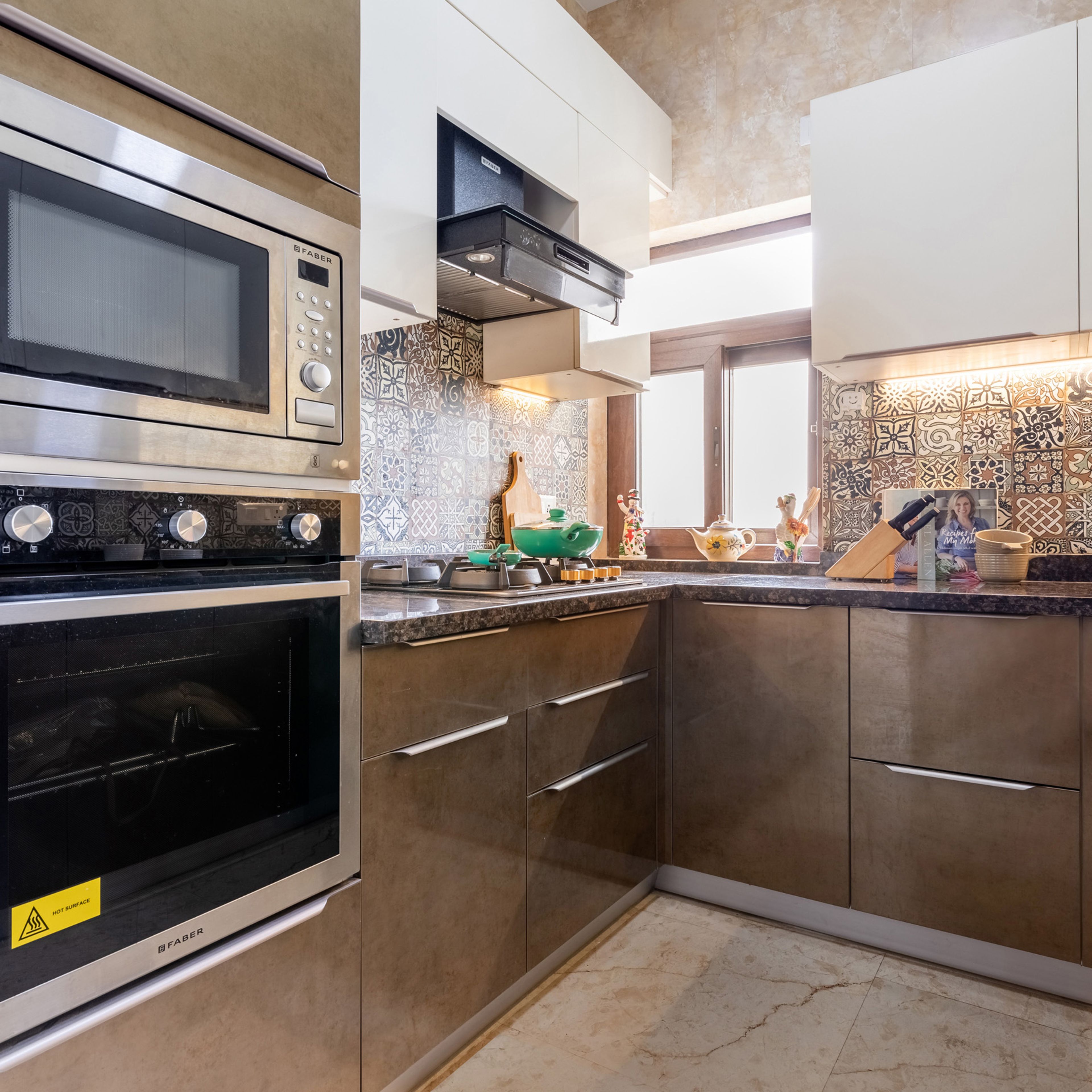 Brown And White U-Shaped Kitchen With OTG Unit - Livspace
