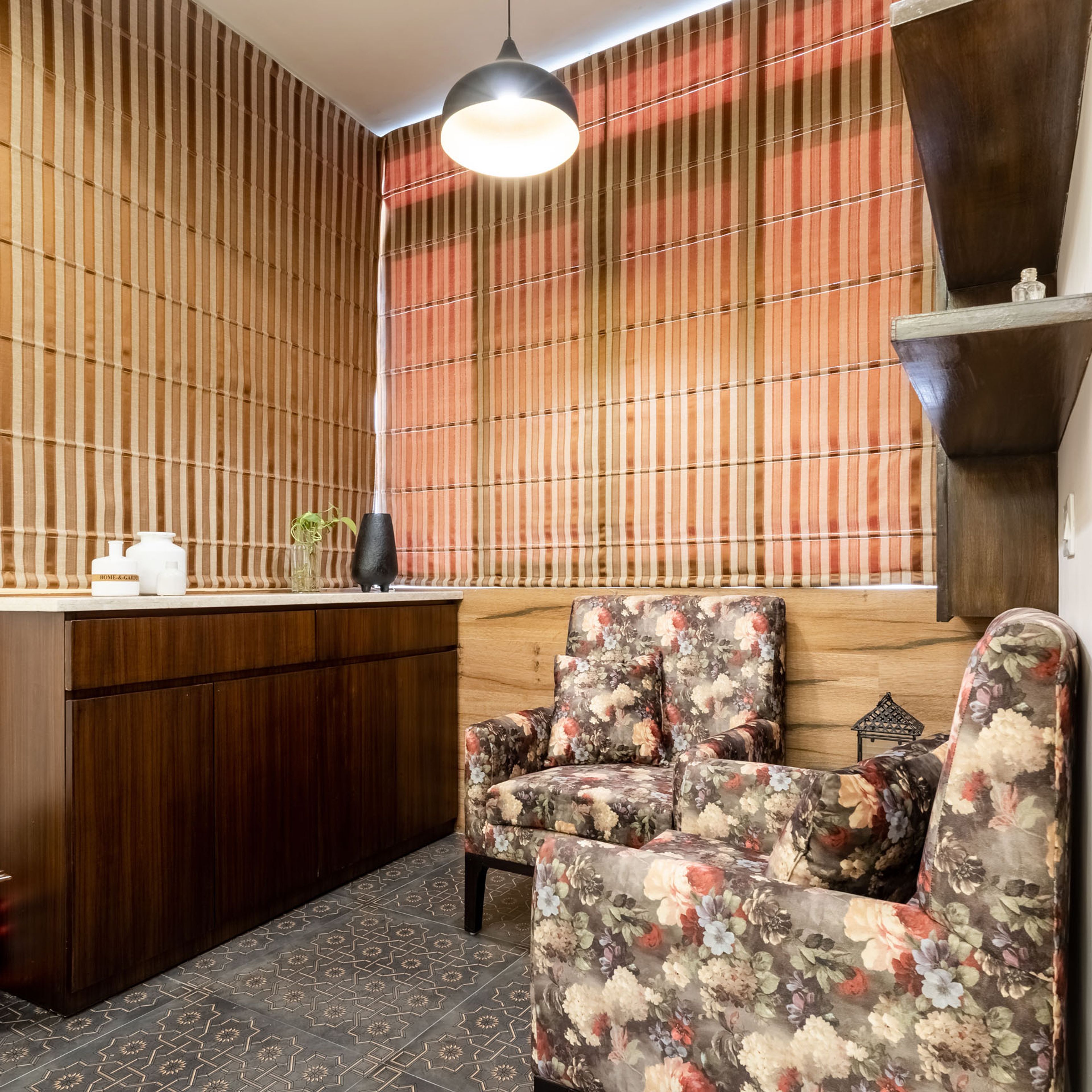 Multicoloured Accent Chairs With Wooden Storage Unit - Livspace