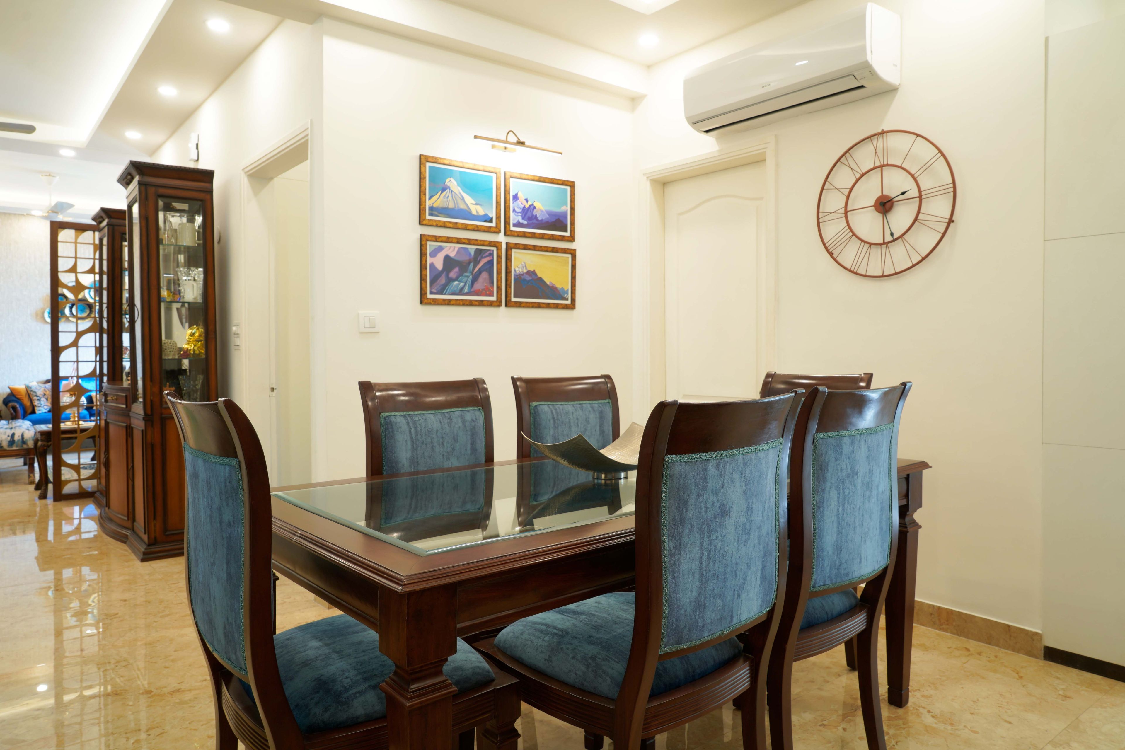 6-Seater Blue And Brown Dining Room Design - Livspace