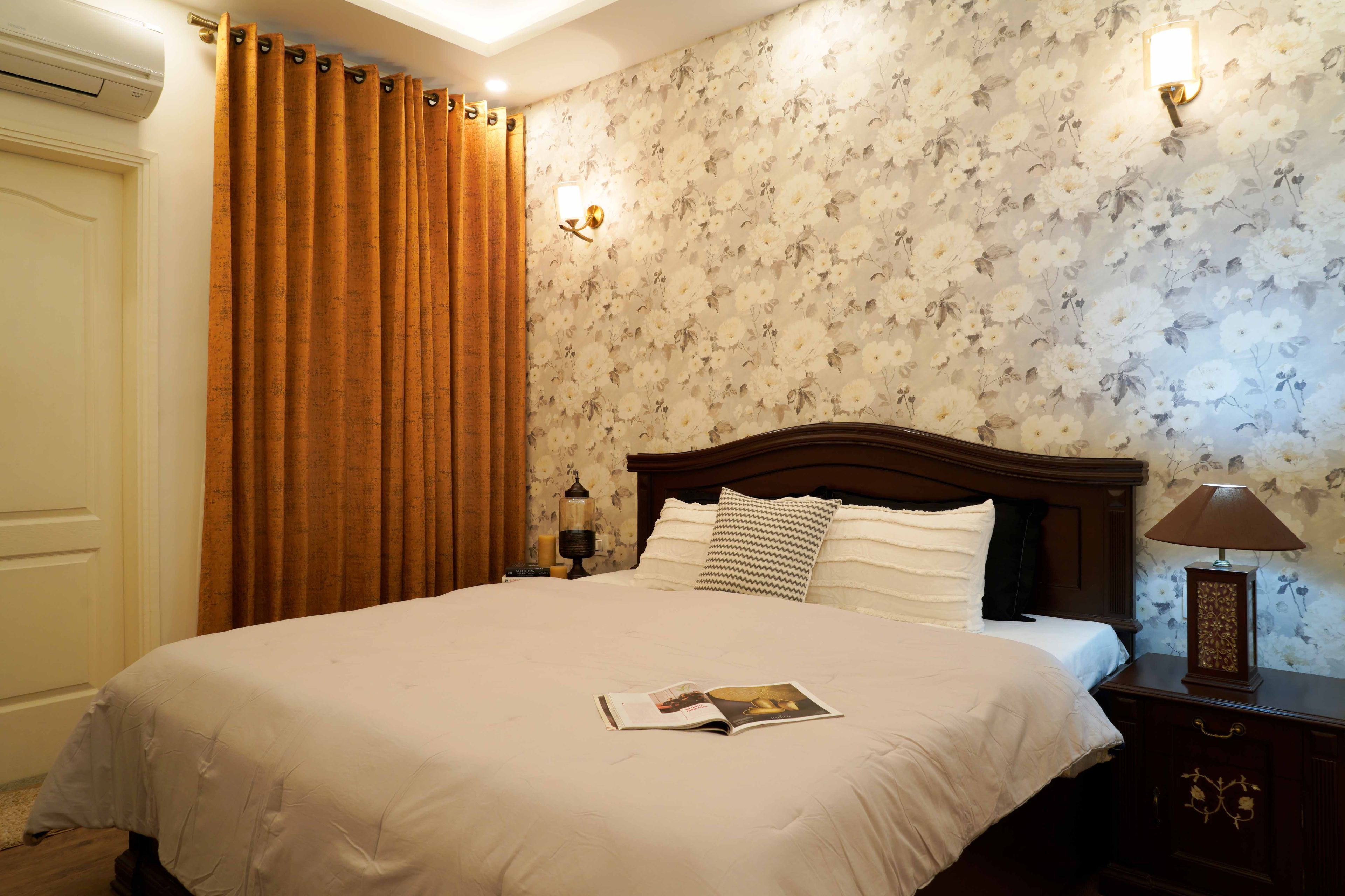 Guest Room With Wooden Bed And Floral Wallpaper  - Livspace