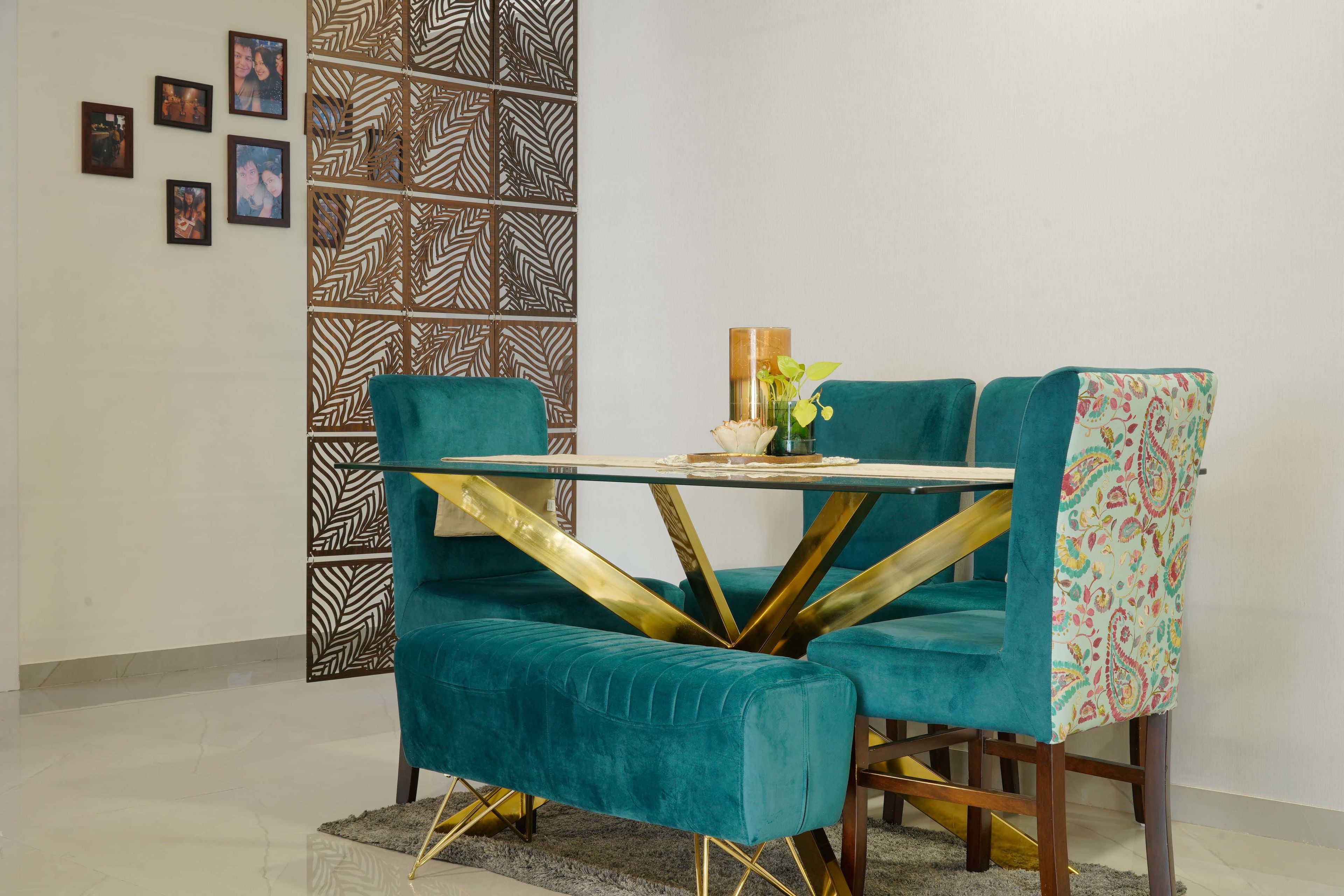 4-Seater Dining Room Design With Blue Velvet Upholstery - Livspace