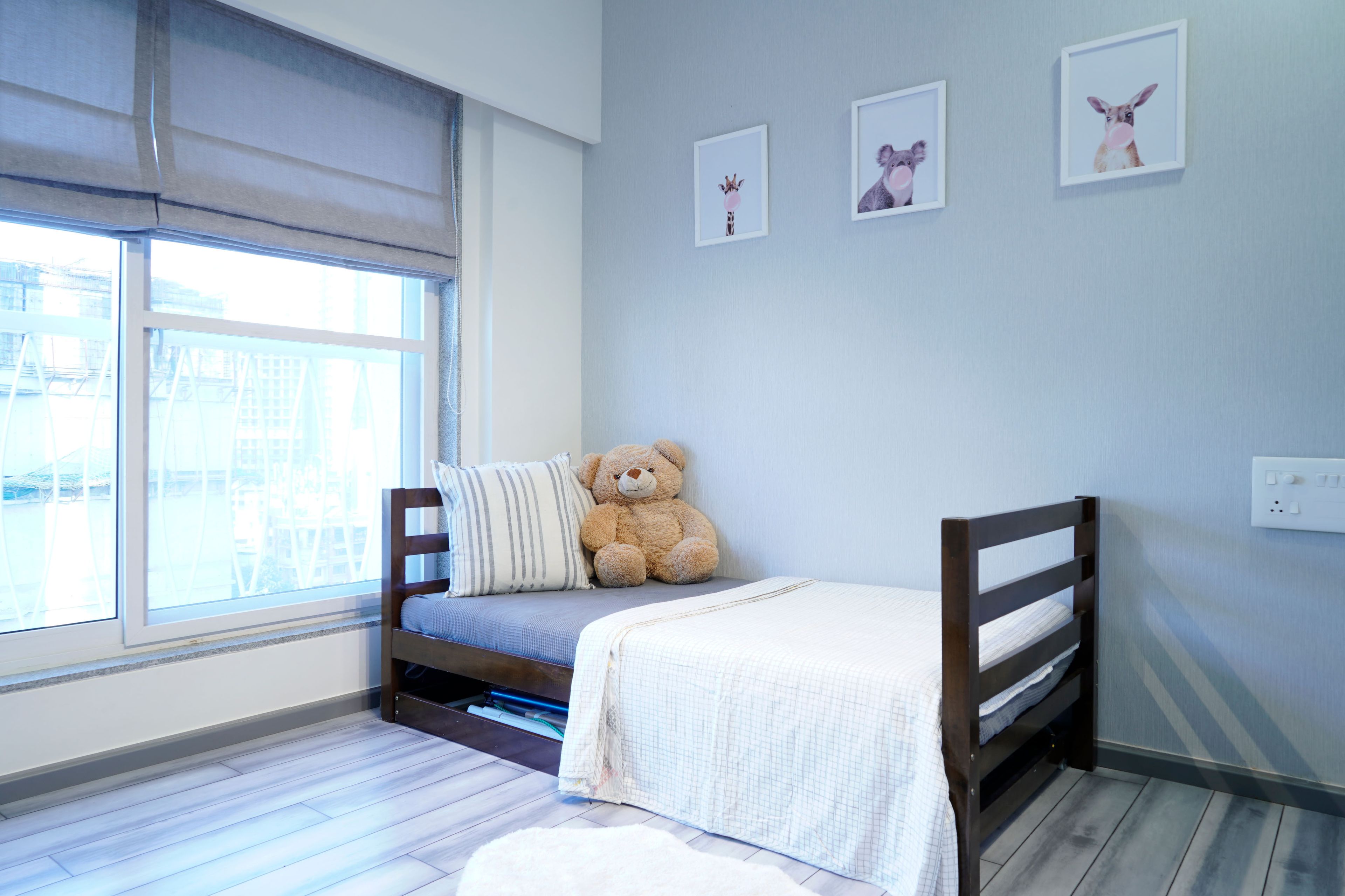 Blue Kids Room Design With Single Wooden Bed - Livspace