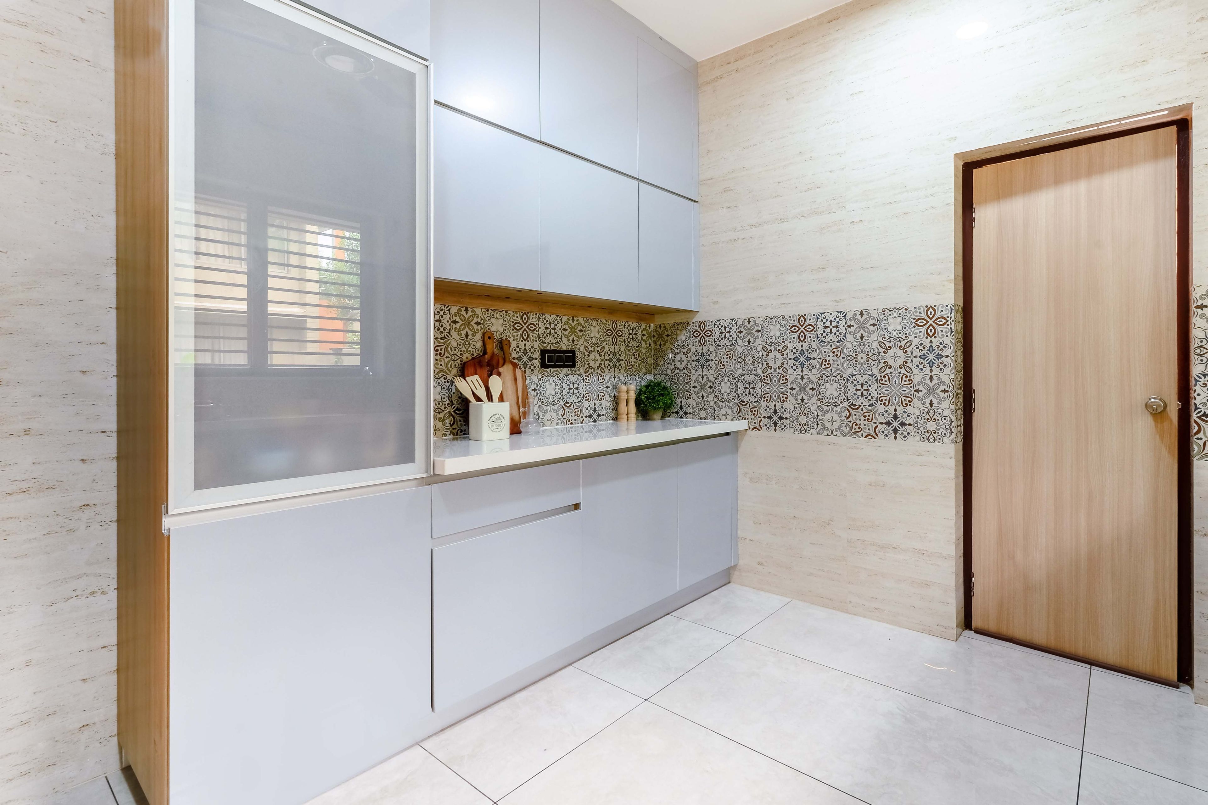 Light Blue Kitchen Cabinet Unit With Loft Storage - Livspace