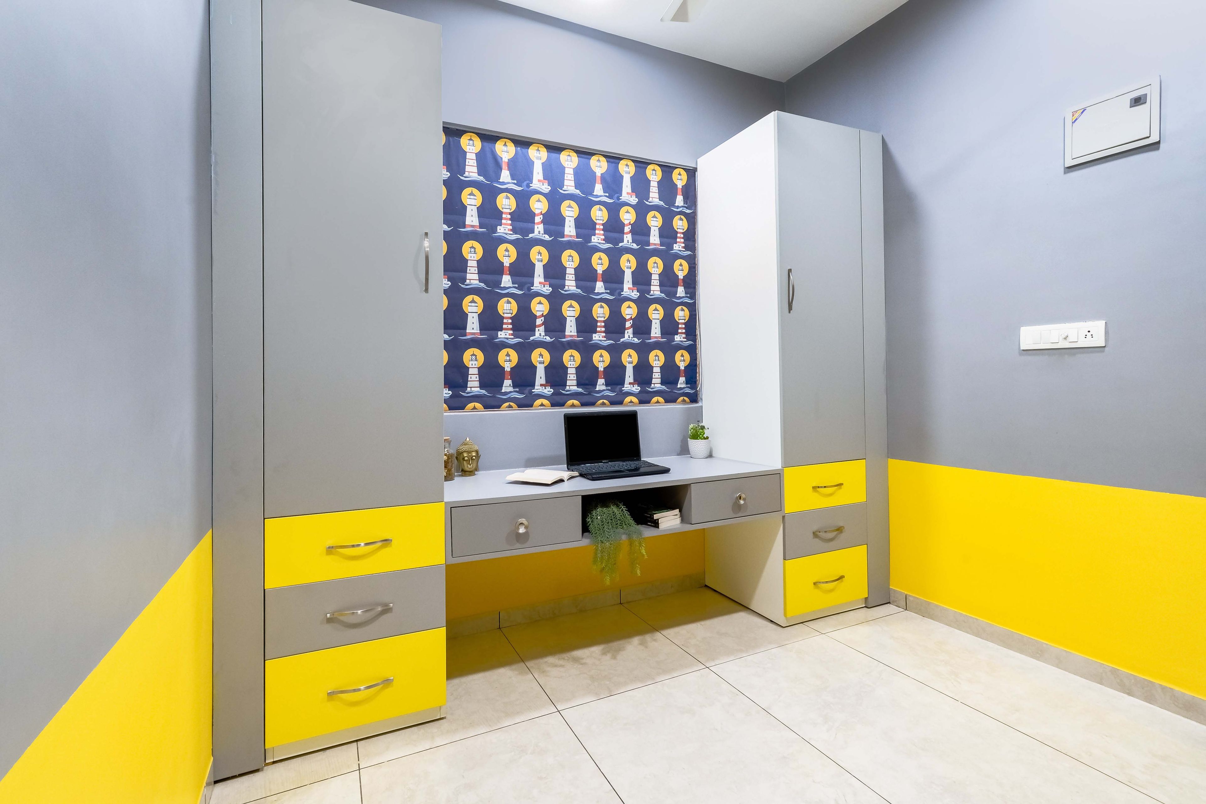 Grey And Yellow Study Unit Design With Storage Unit - Livspace