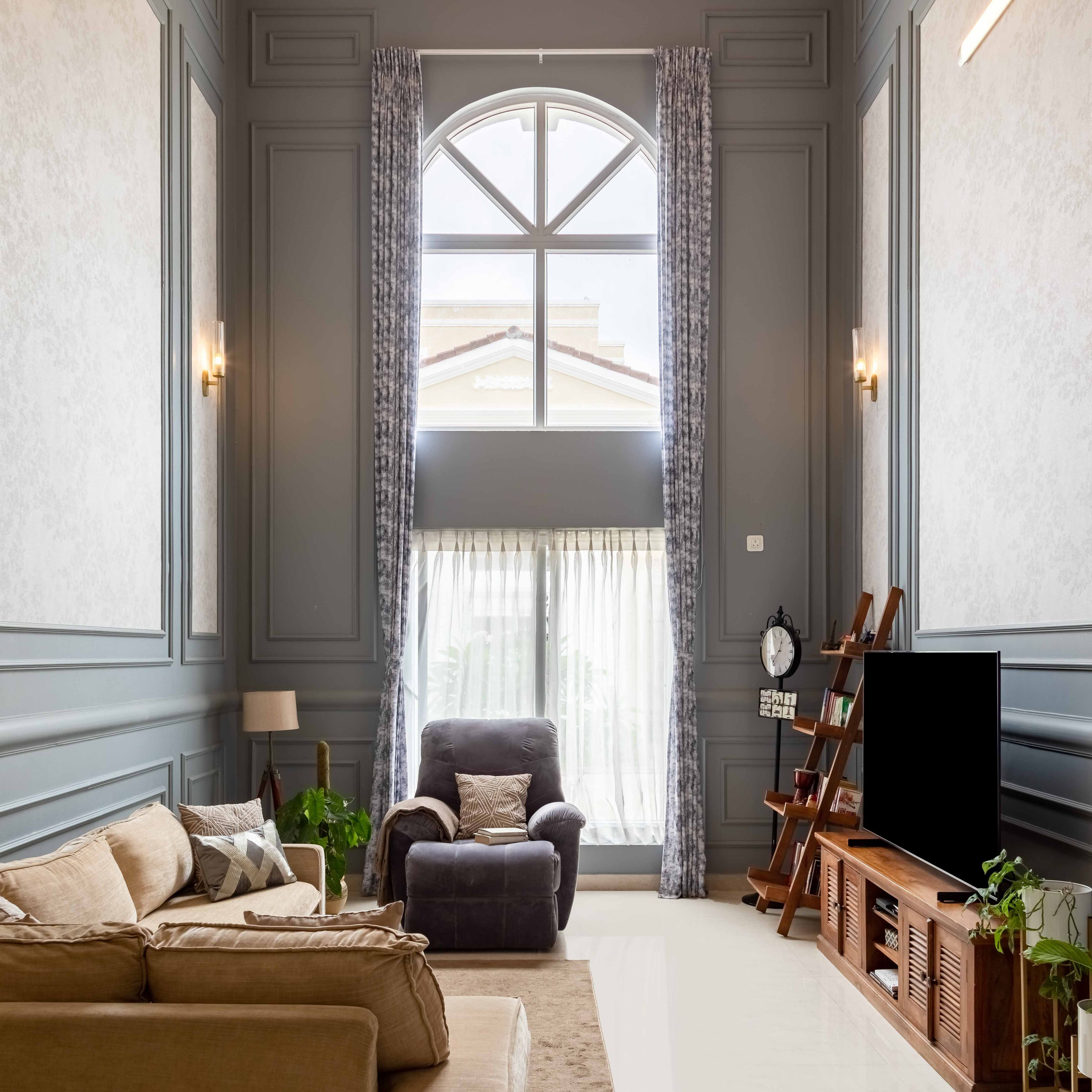 Large Spacious Living Room Design With Accent Walls And Wooden TV Unit - Livspace