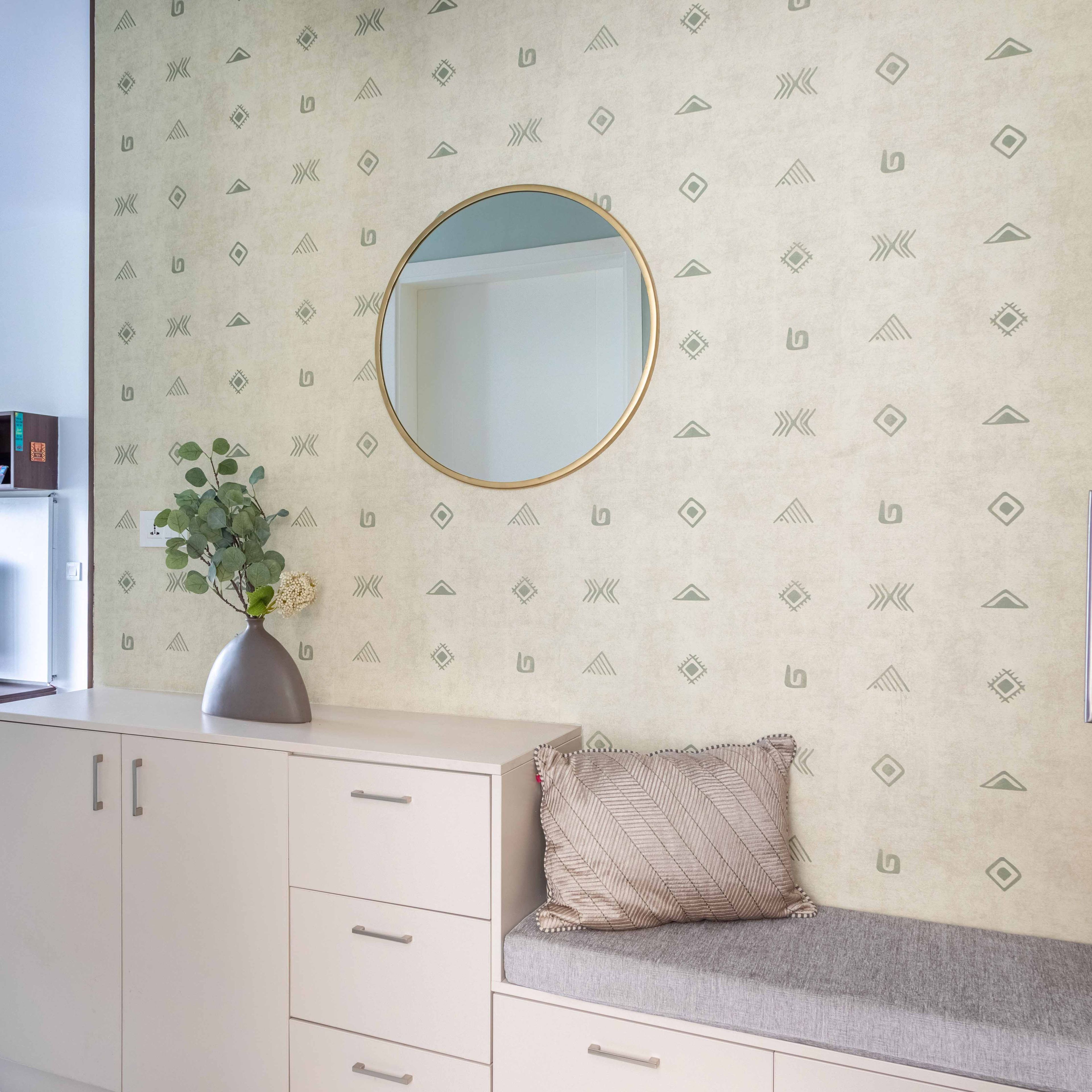 Off-White Beige Foyer Design With Abstract Wallpaper - Livspace