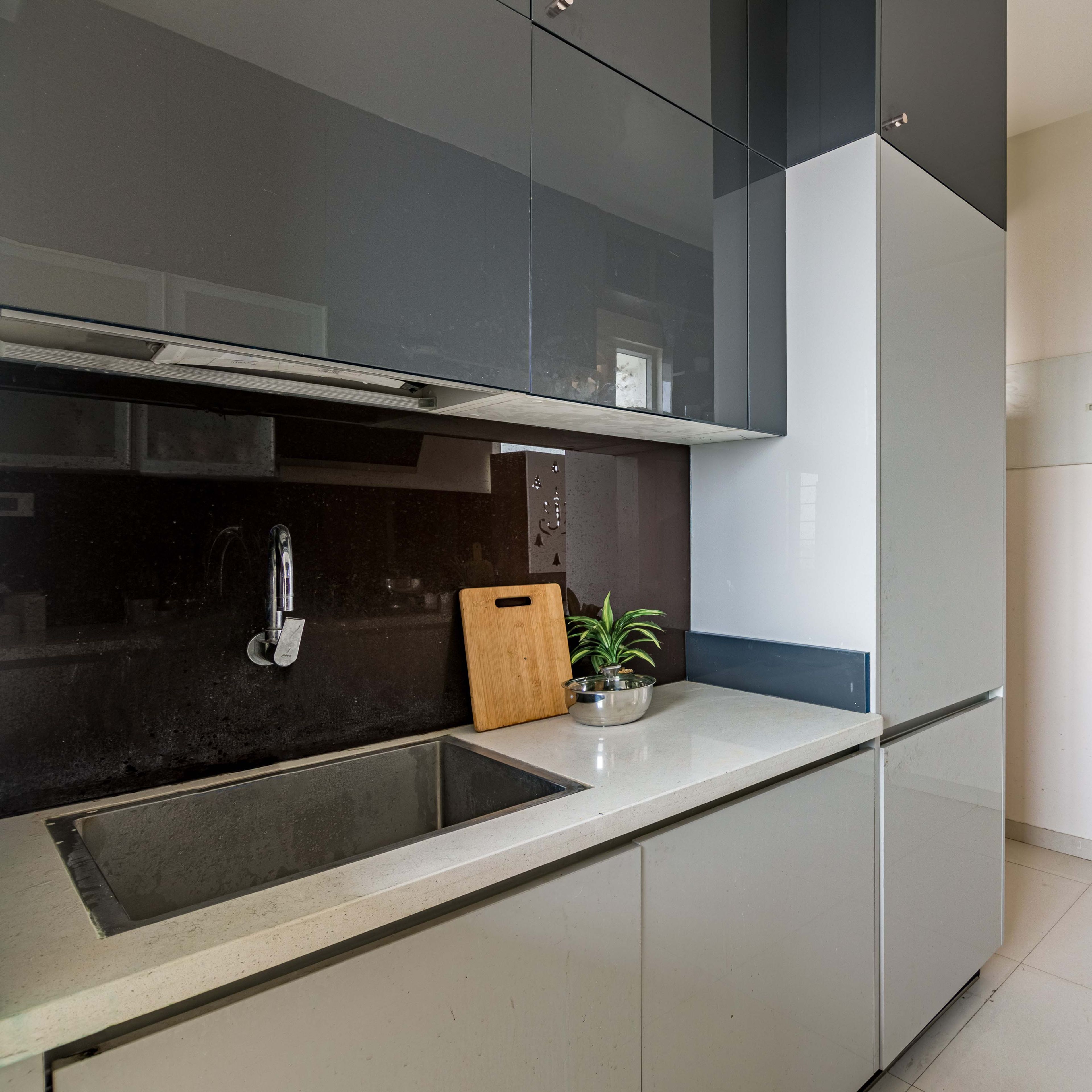 Parallel Grey And White Kitchen Design With Sink - Livspace