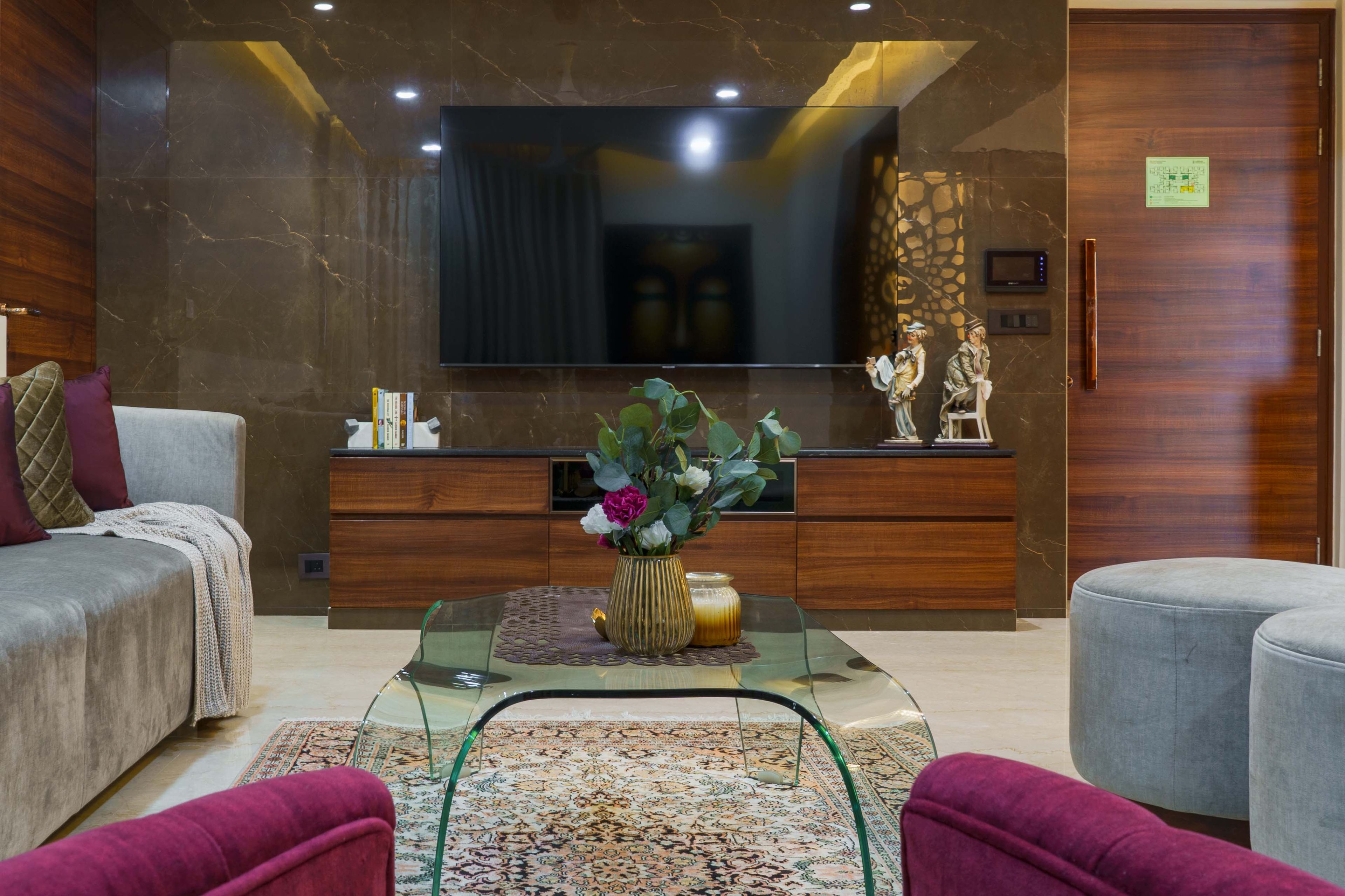 Wooden TV Unit Design With Glossy Accent Wall - Livspace