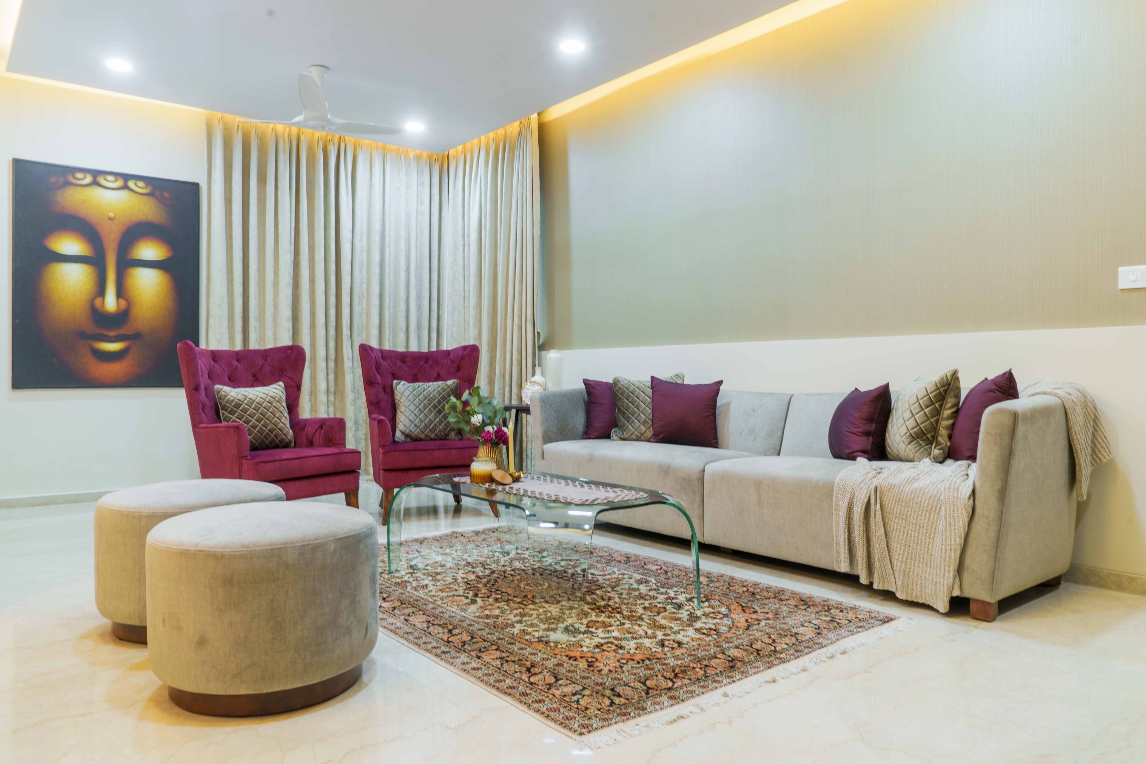 Spacious White And Purple Living Room Design - Livspace