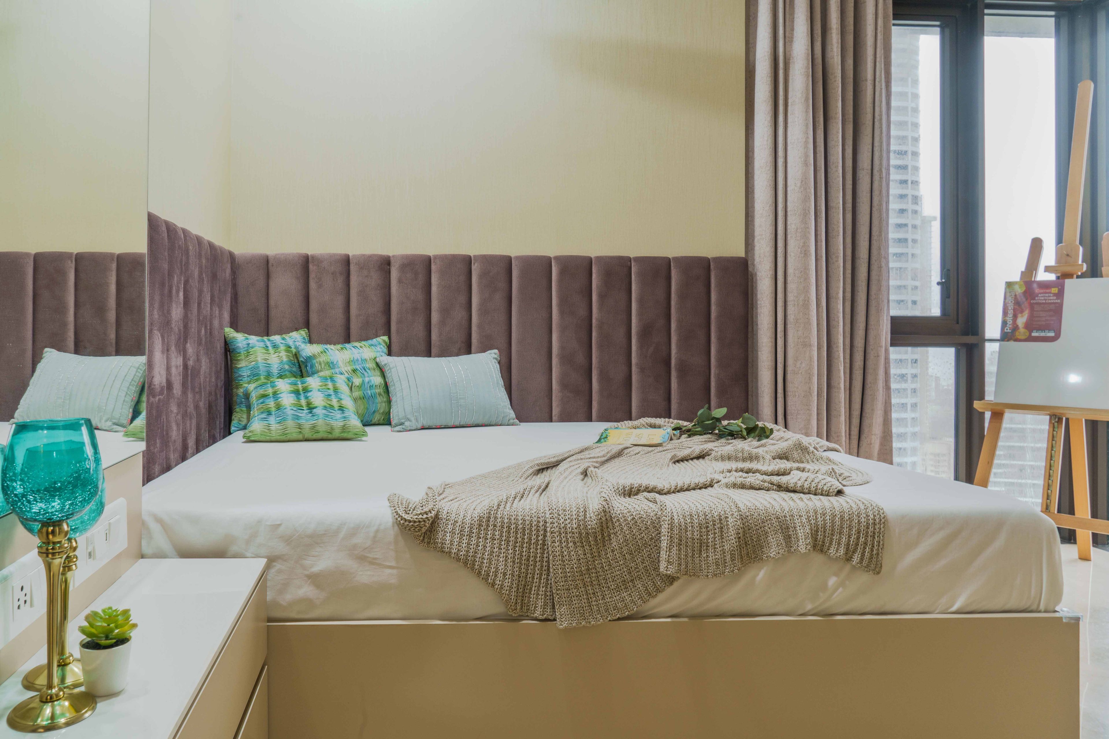 Guest Room Design With Violet Tufted Headboard - Livspace