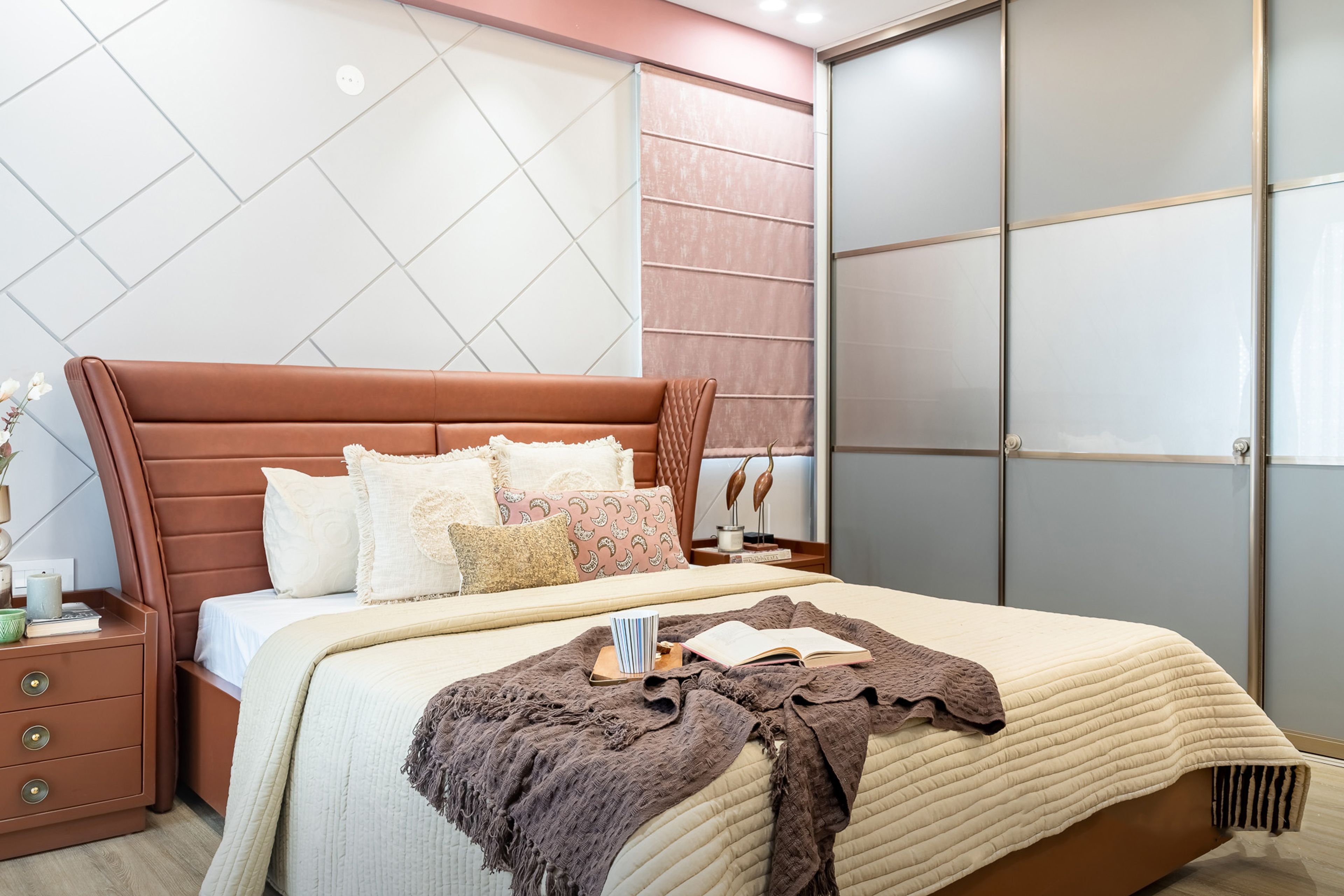 Master Bedroom Design With Grey And Wood Sliding Wardrobe Design - Livspace