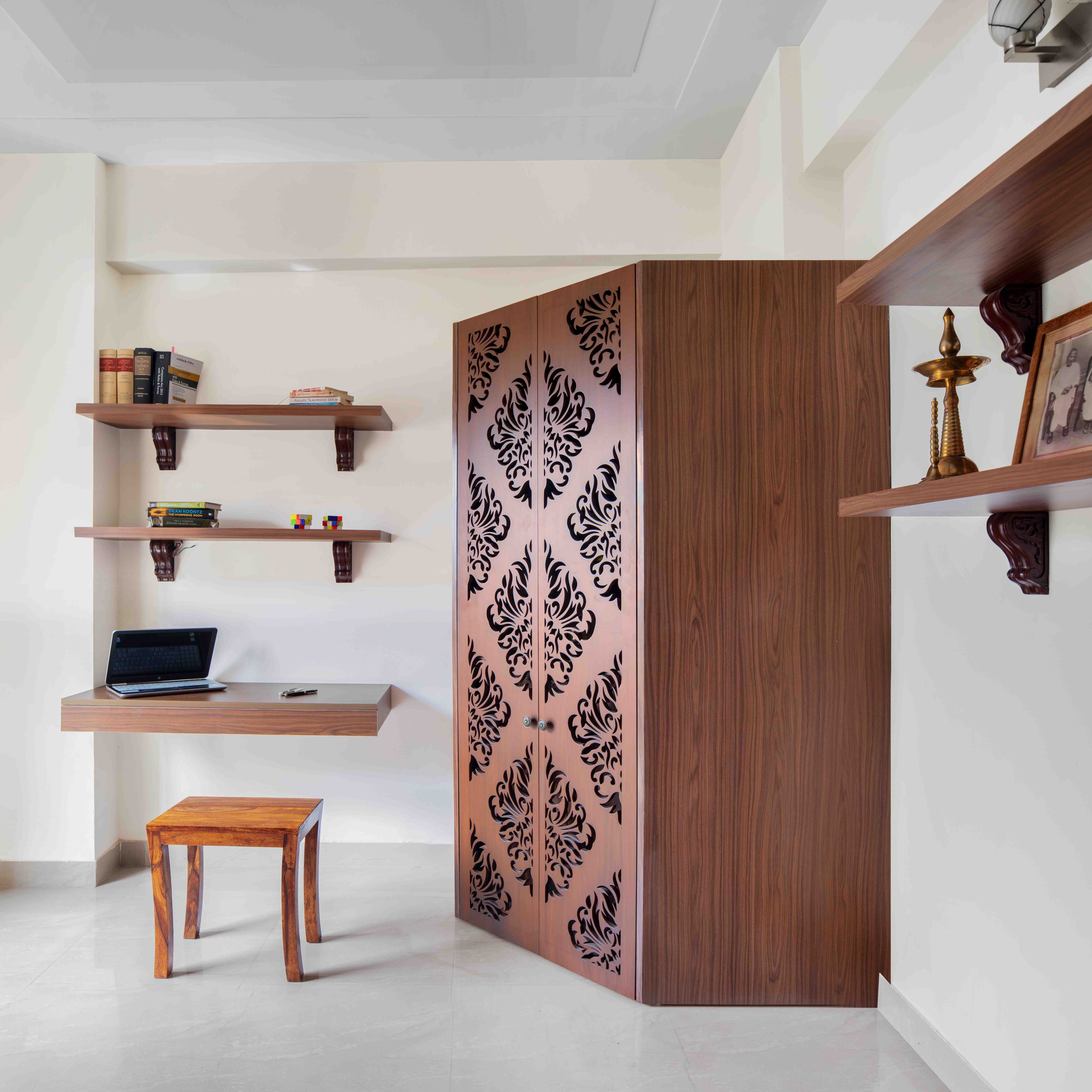 Wooden Closed Mandir Design With CNC Panel - Livspace