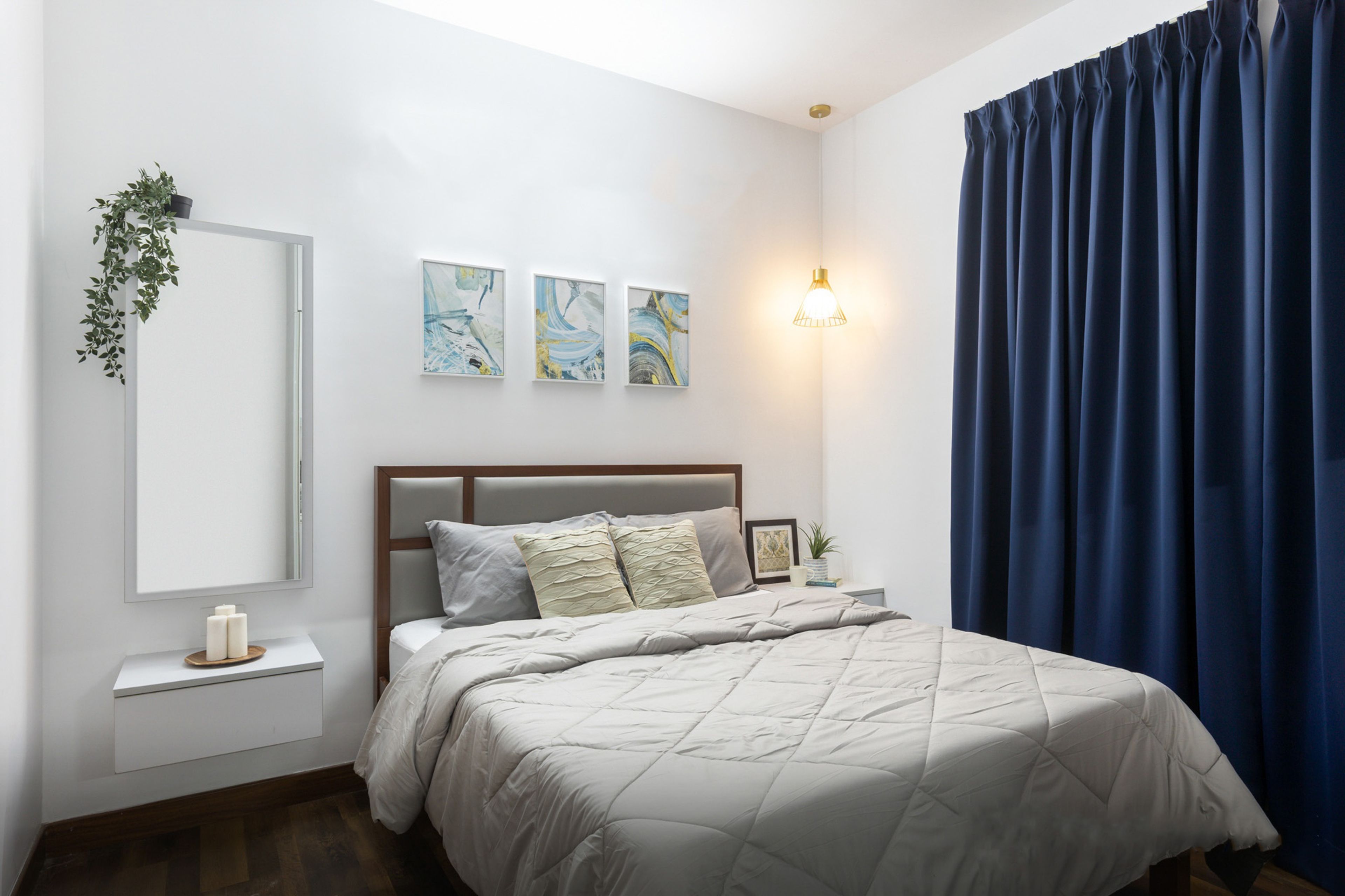 All-White Master Bedroom Design With Grey And Brown Headboard - Livspace