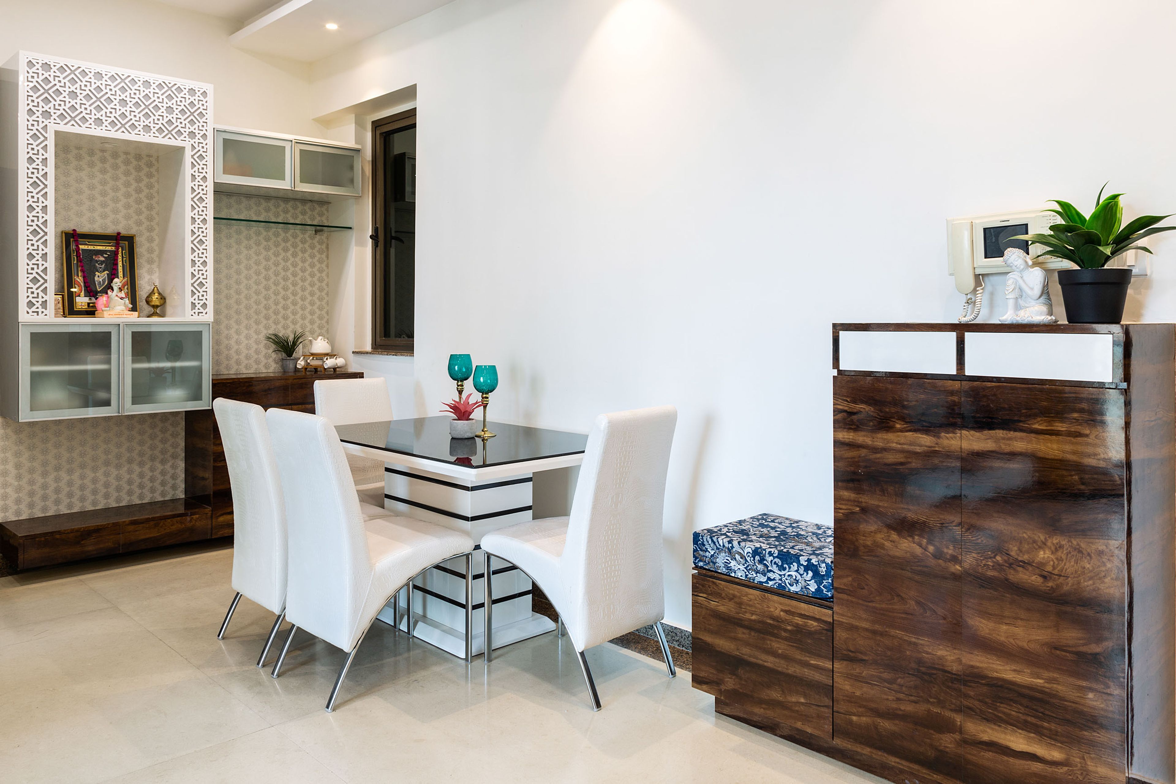 4-Seater White Dining Room Design And Wooden Storage Unit - Livspace